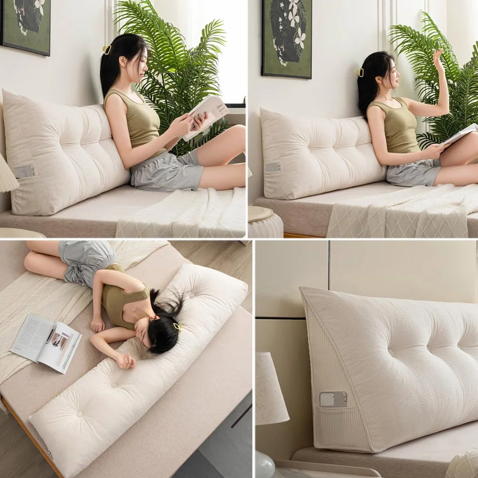 Genérico Cojín Triangular para Respaldo De Sofá,Almohada De Lectura para Cama,Cojín De Pared Multifuncional,Grueso Lavable,Cojín De Sofá Grande En Forma De Cuña con Funda Lavable,Marrón,40x180cm