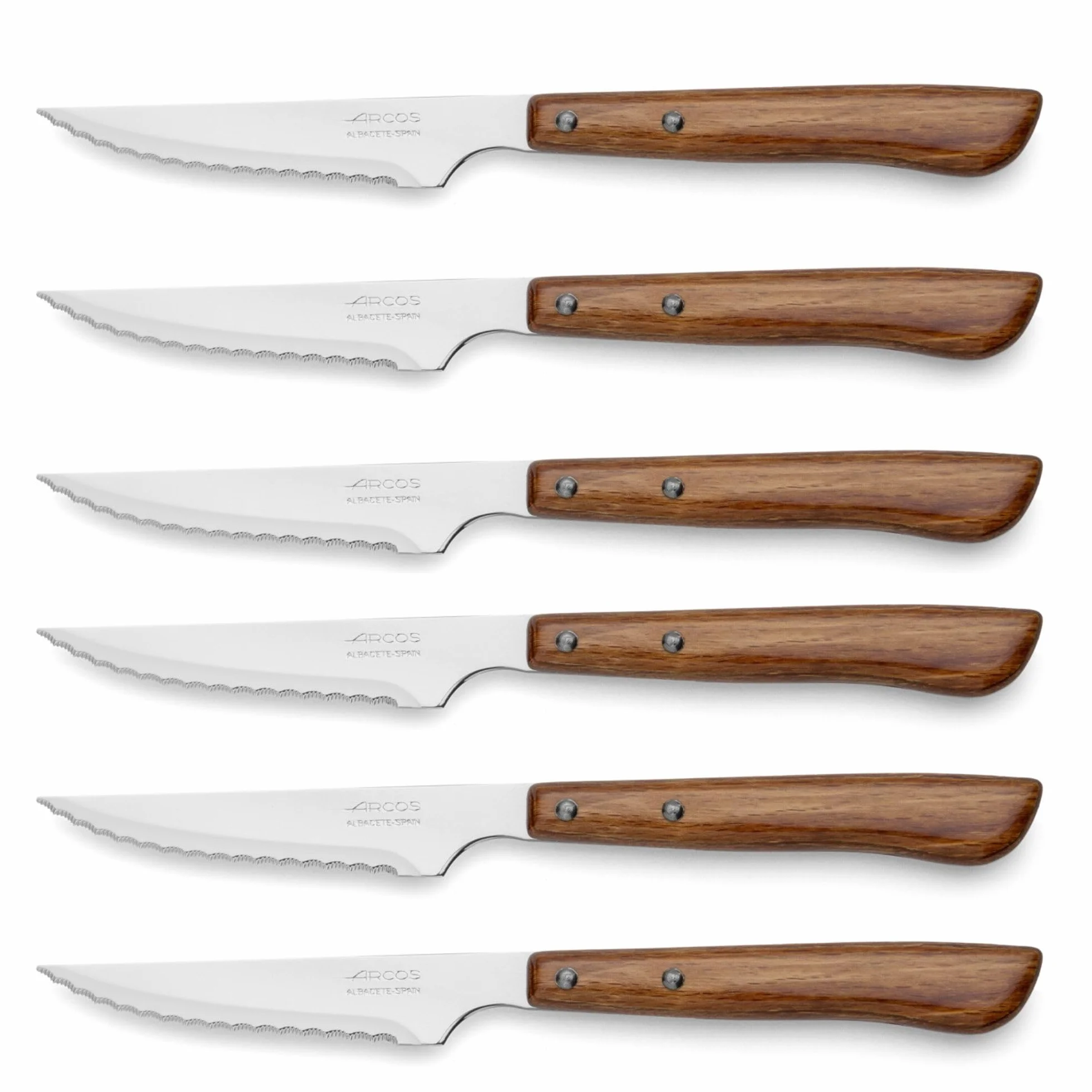 Arcos Cuchillos Carne | 6 pzas | Cuchillos chuleteros Set Cuchillo de Mesa Sierra | Mango Madera | Hoja 110 mm | Cuchillos Carne Mesa | Apto lavavajillas | Envase Carton | Ecologico