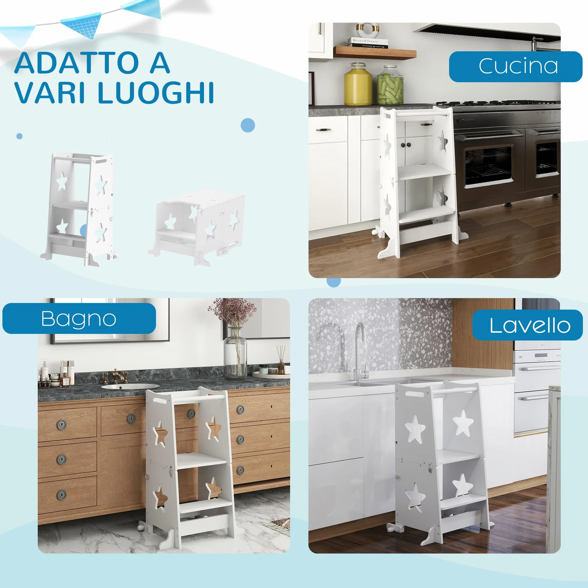 AIYAPLAY Torre de Aprendizaje 2 en 1 Taburete Niños +3 Años Convertible Mesa Silla Barra Seguridad 60x44,5x86 cm Blanco