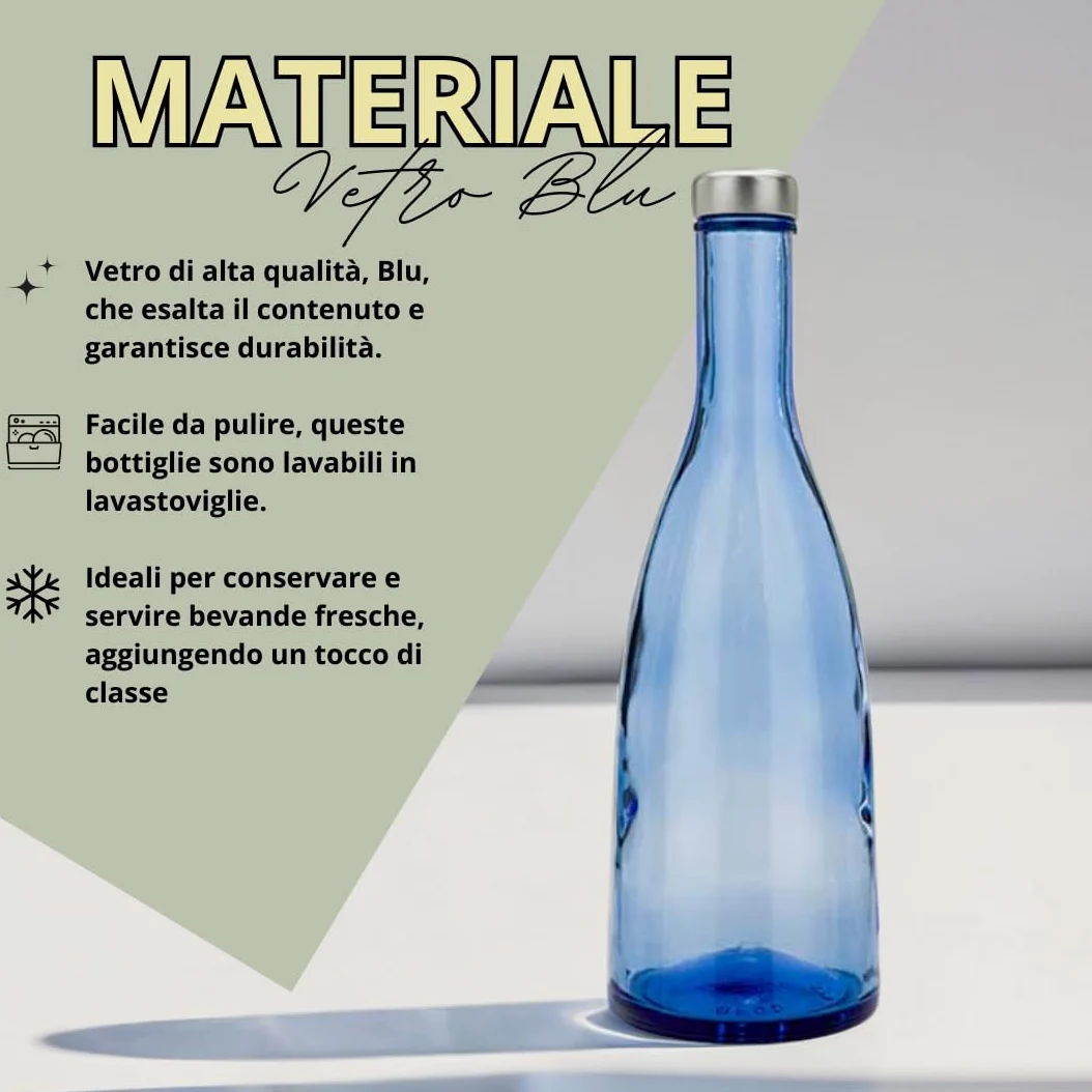 Juego de 6 botellas de cristal azul modelo Conviva, 750 ml, tapón de rosca color plata | Botella de cristal de agua solarizada