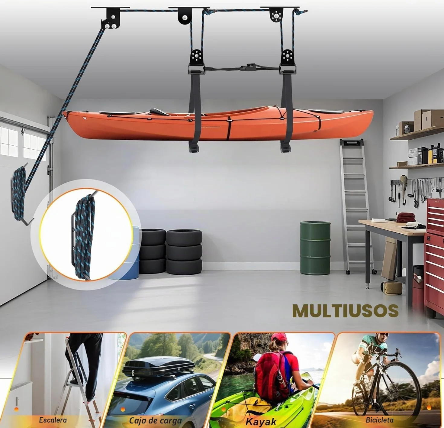 Hikeen Sistema de Polea Superior para Kayak, Capacidad 68KG, Elevador de Almacenamiento en Garaje