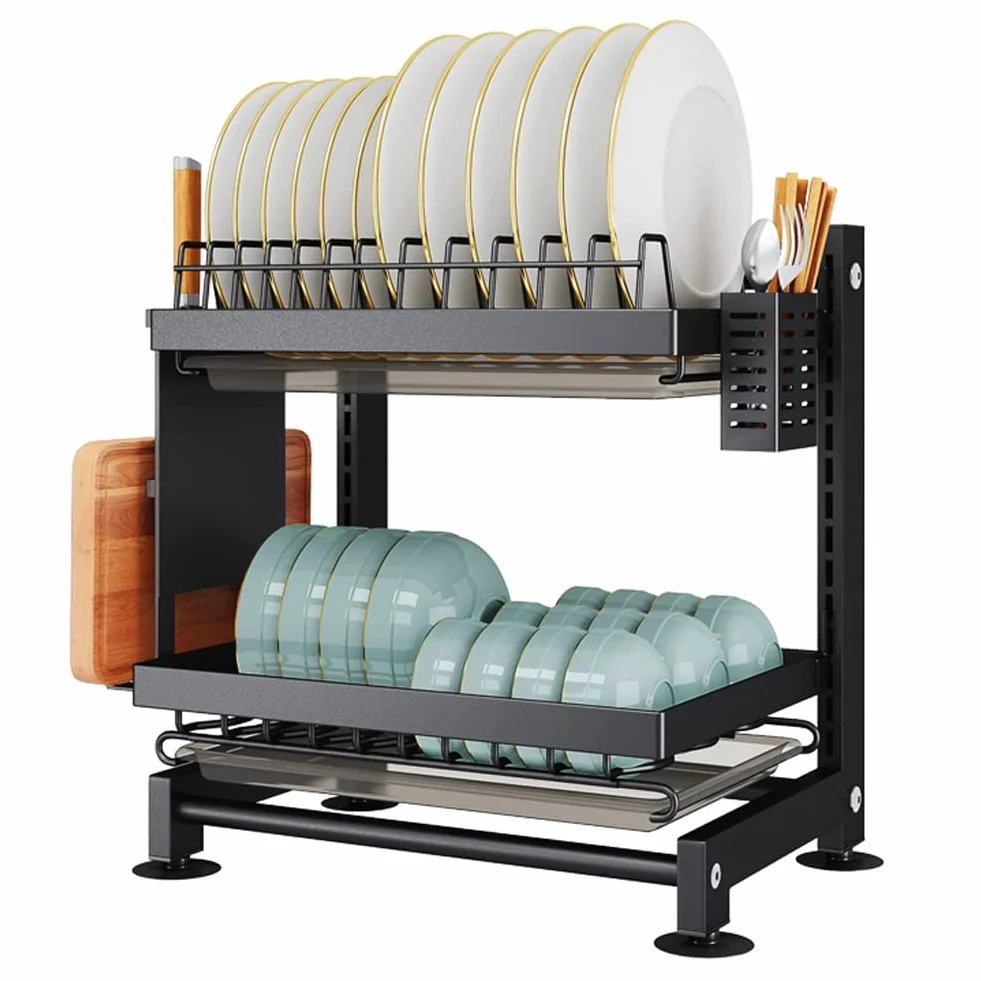 Escurridor de platos regulable en altura de 2 niveles con 2 escurridores para fregadero de cocina con soporte para utensilios y tabla de cortar 2 en 1