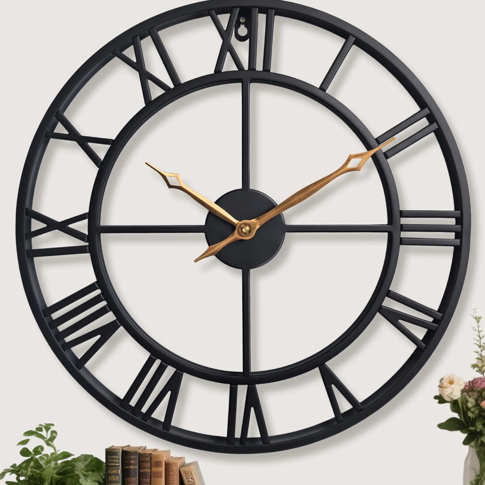 Reloj de pared grande, redondo, silencioso, industrial, vintage, de metal negro, estilo rústico, con grandes números romanos