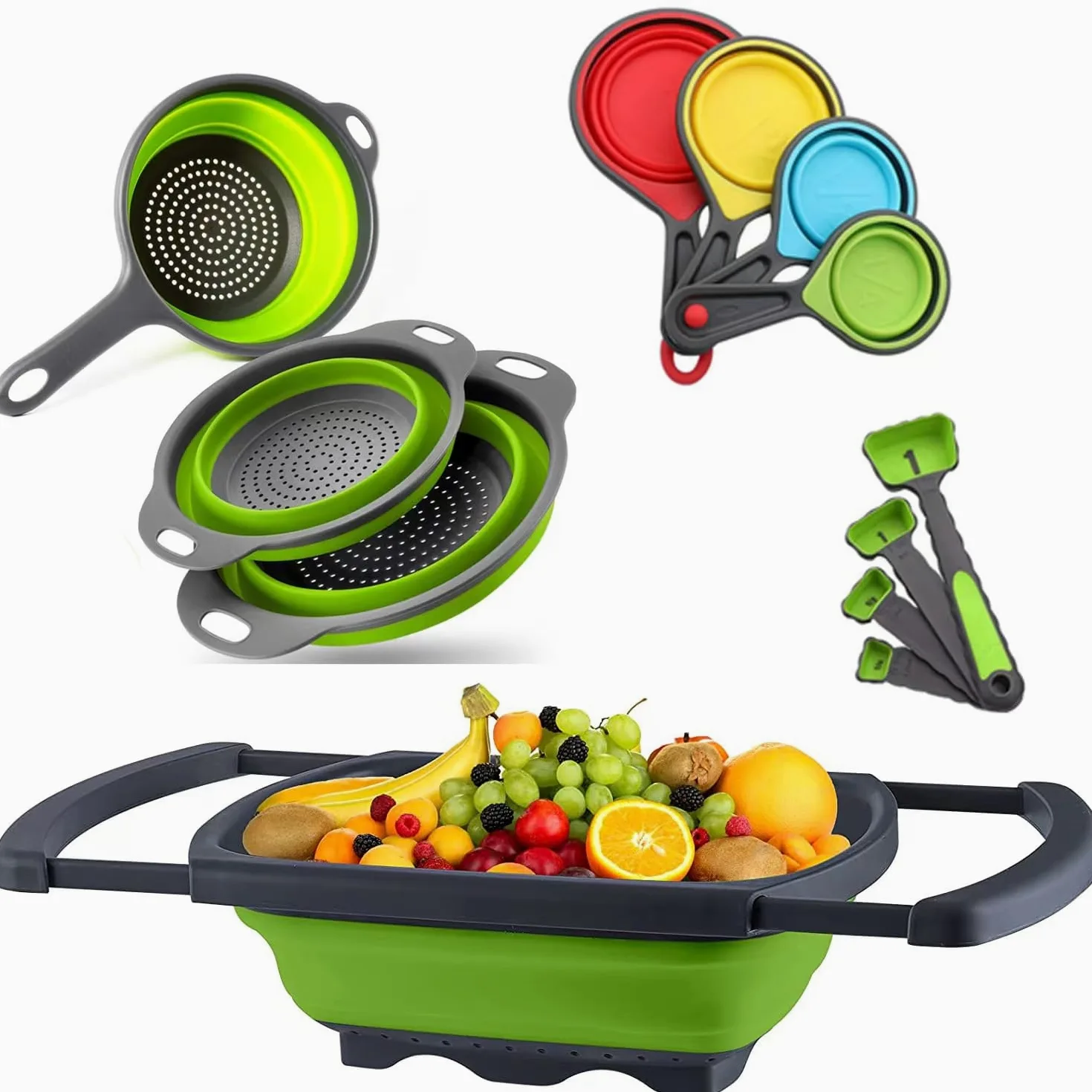 Paquete de 12 coladores Plegables Esenciales de Cocina sobre el Fregadero colador Cesta for escurrir Pasta/Verduras/Frutas (Verde)/629