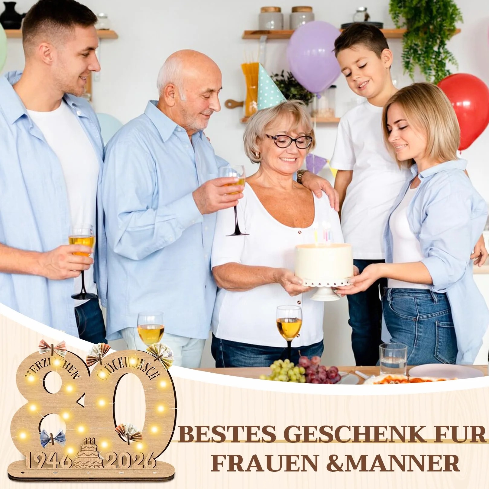 2026 80 cumpleaños decoración mujer hombre, regalos para 80 cumpleaños hombre regalos placa de madera con LED, 80 cumpleaños hombre libro de visitas regalo dinero regalos cumpleaños