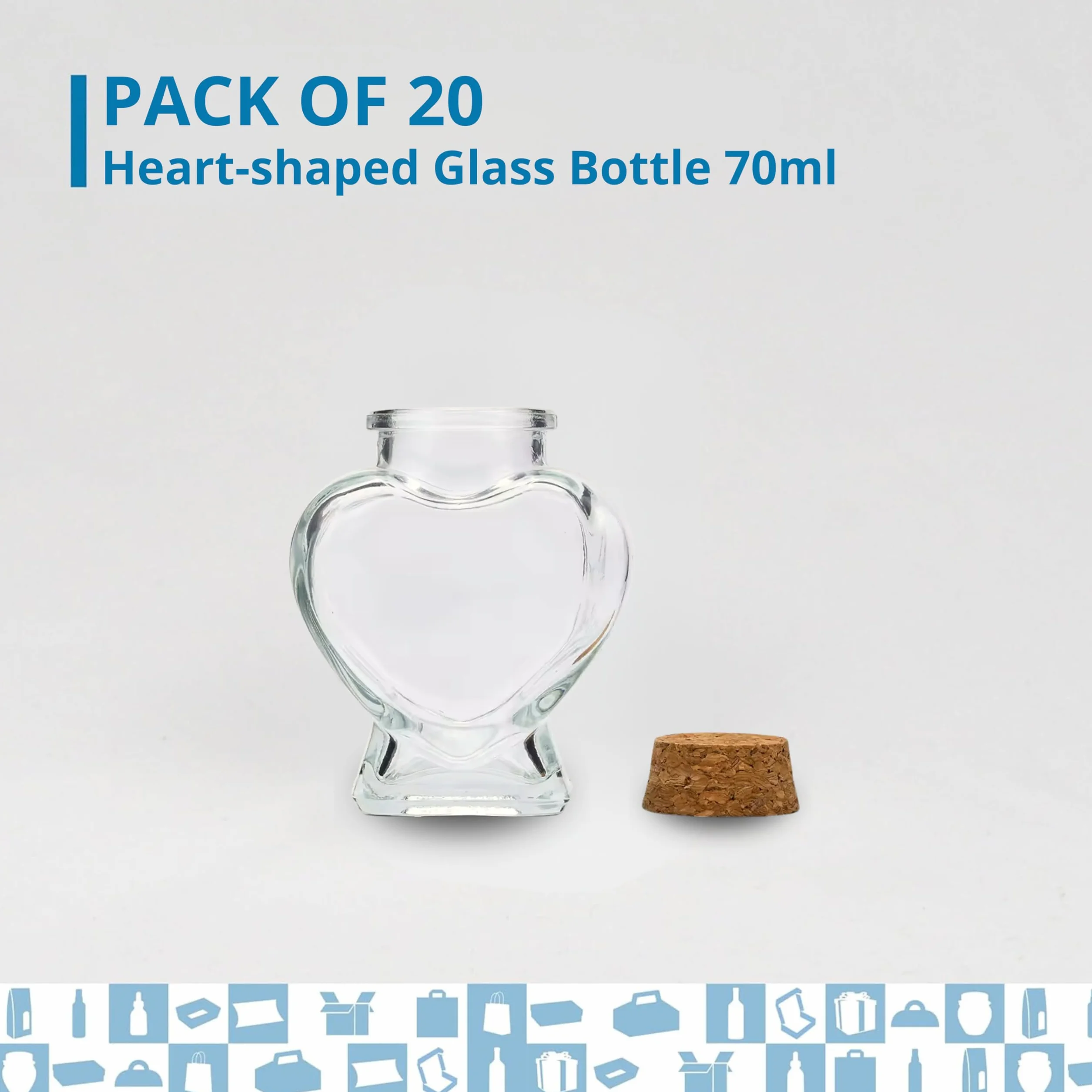 Espirito Rebelde 20 Frascos Mágicos en Forma de Corazón de 70 ml con Tapón de Corcho | Frascos de Cristal para Bodas, Bautizos, Comuniones, Regalos y Decoración de Eventos