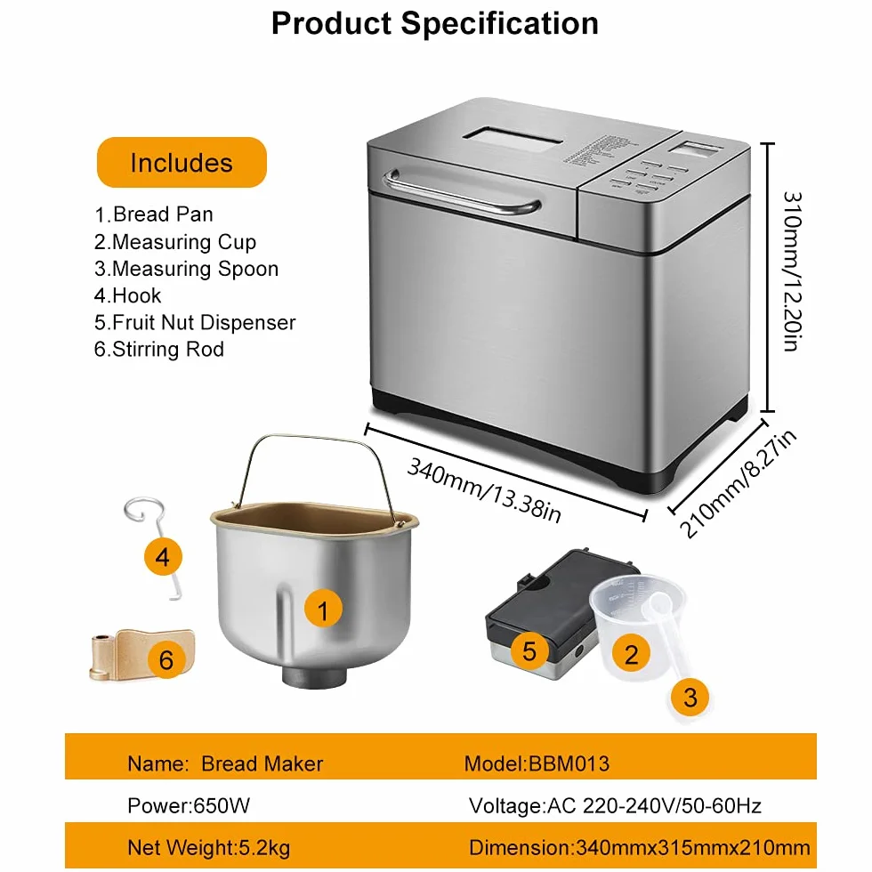 Panificadora de acero inoxidable, 650 W, 19 programas, compartimento automático para ingredientes, para 500 g, 750 g y 1000 g, color plateado
