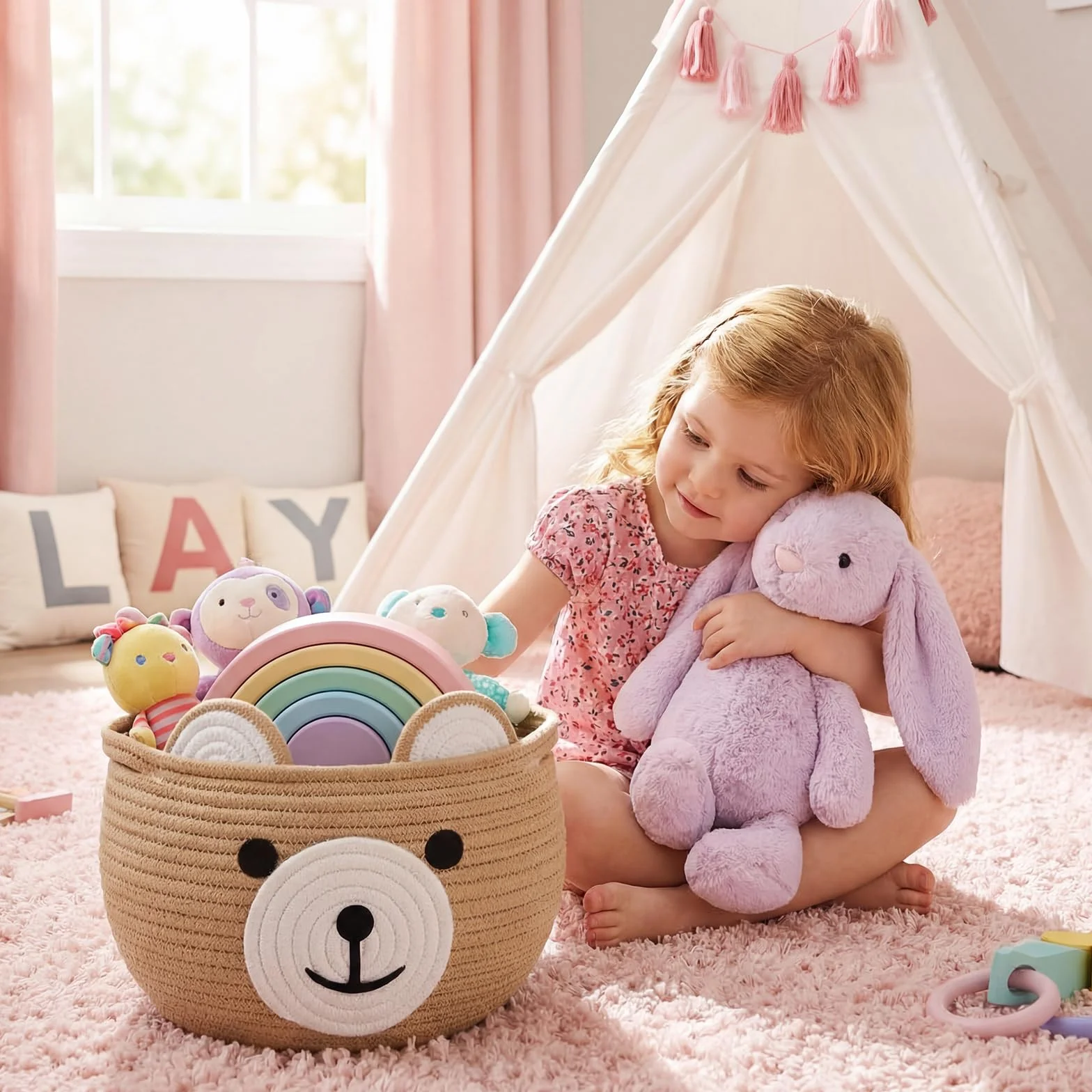 Cesta de almacenamiento para niños con forma de oso de cuerda de algodón redonda con asas ocultas
