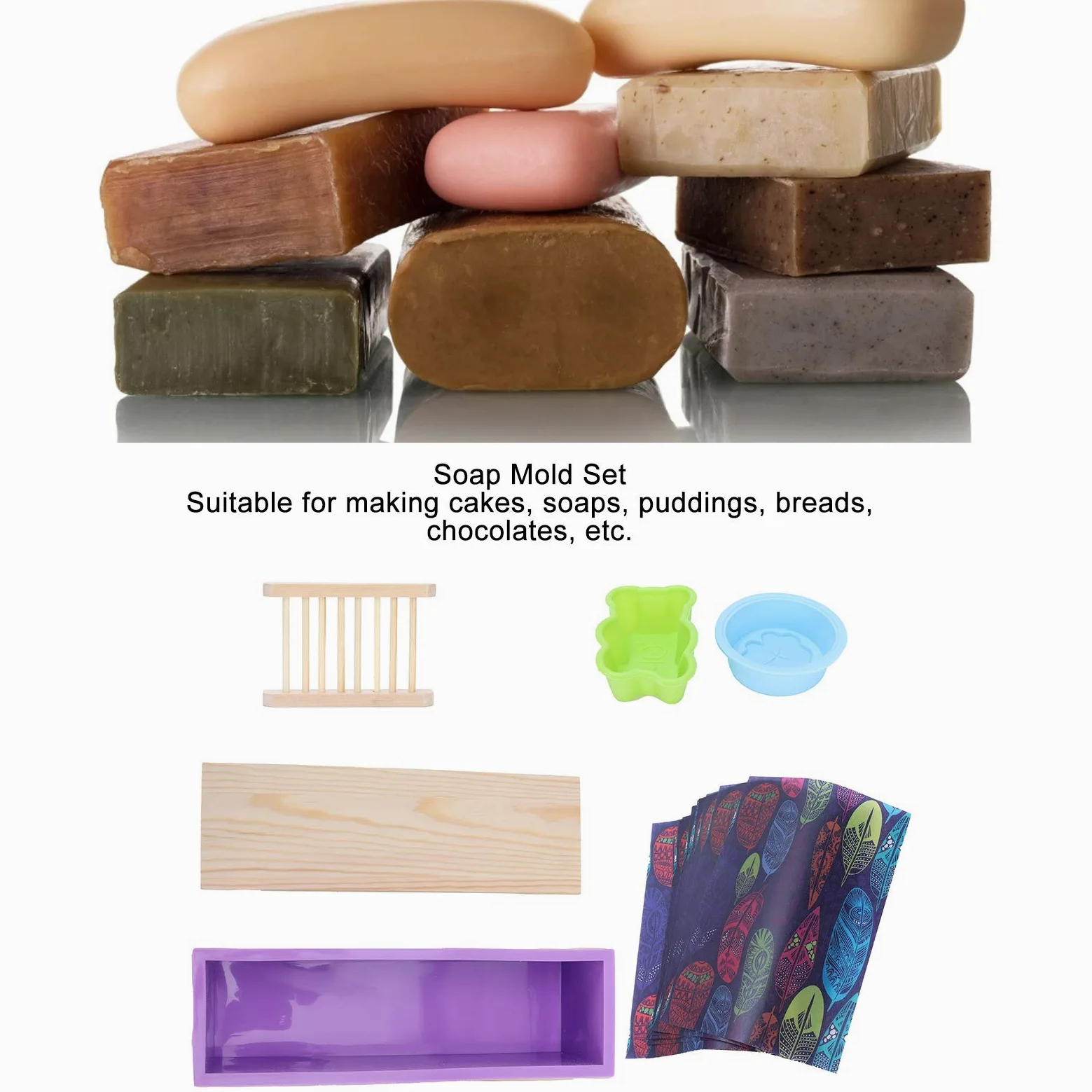 Kit de forma de jabón de silicona para bricolaje |4 en 1 con caja de madera |para (Purple)