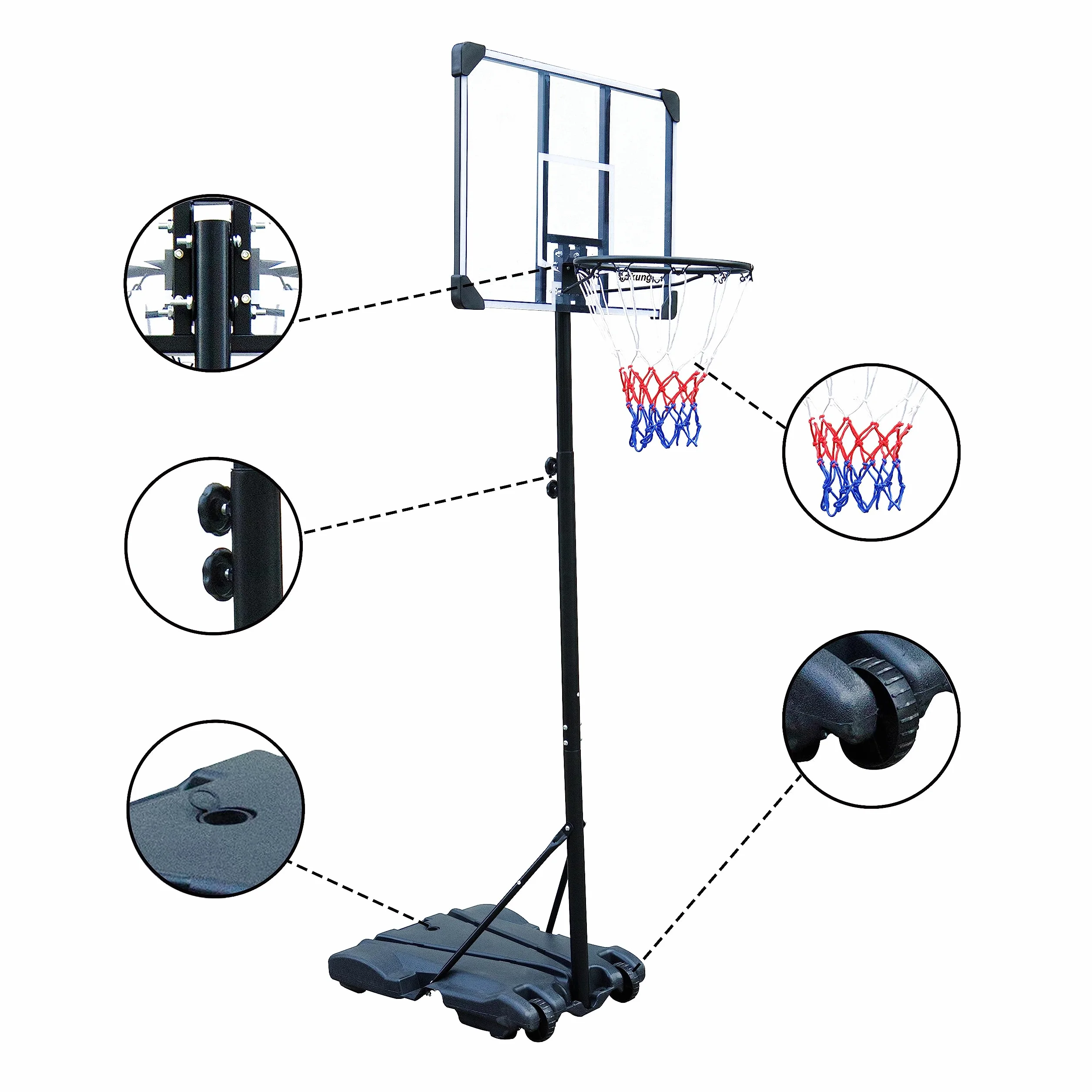 HIONRE Canasta de baloncesto portátil 7 pies tablero trasero transparente altura ajustable 165-213cm negro