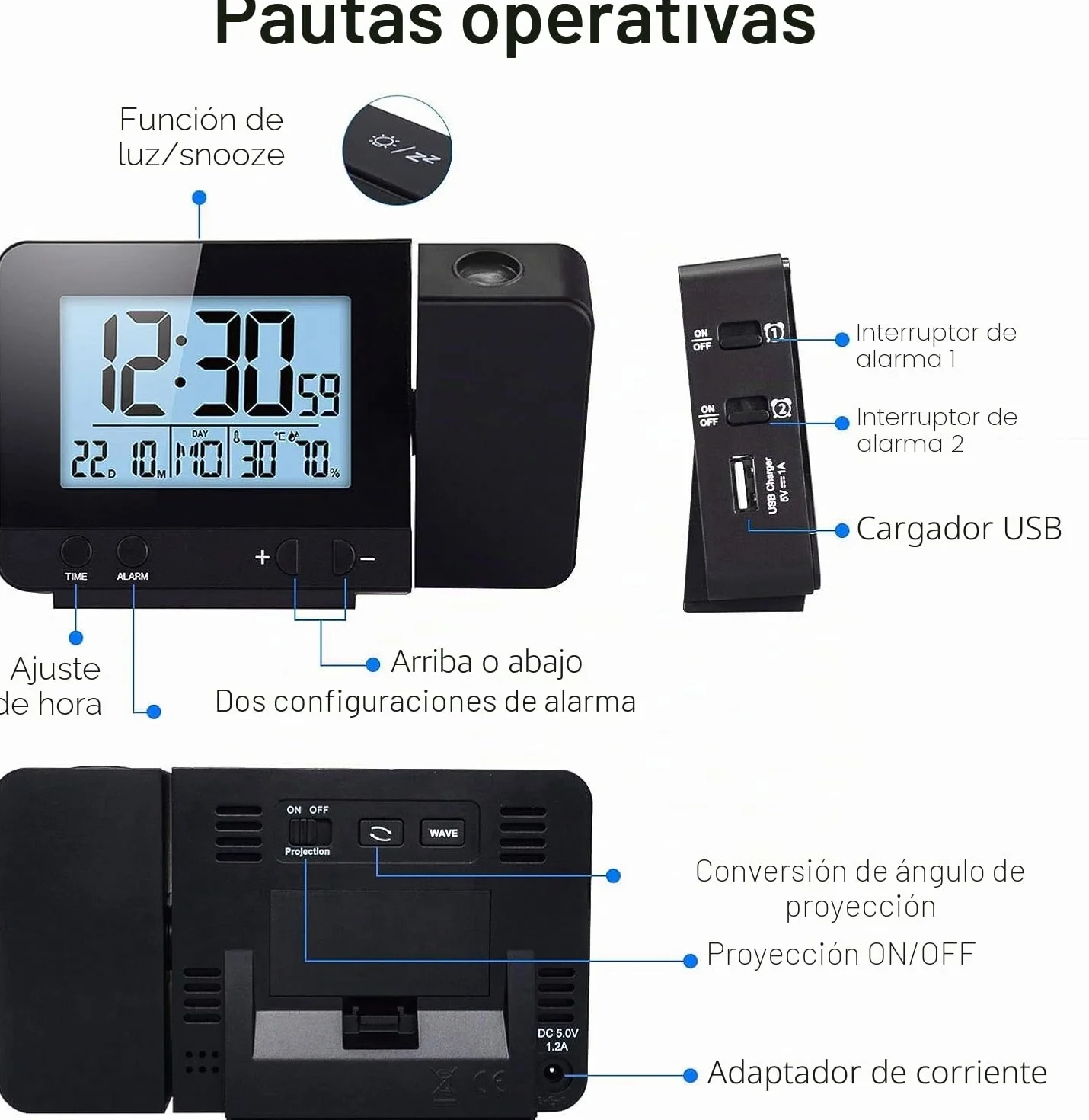 Despertador Digital De Proyección, Despertador con Proyector De Techo, Despertador De Mesita De Noche Digital con Temperatura Snooze Luminosidad Ajustable, Despertador Digital De Mesita De Noche