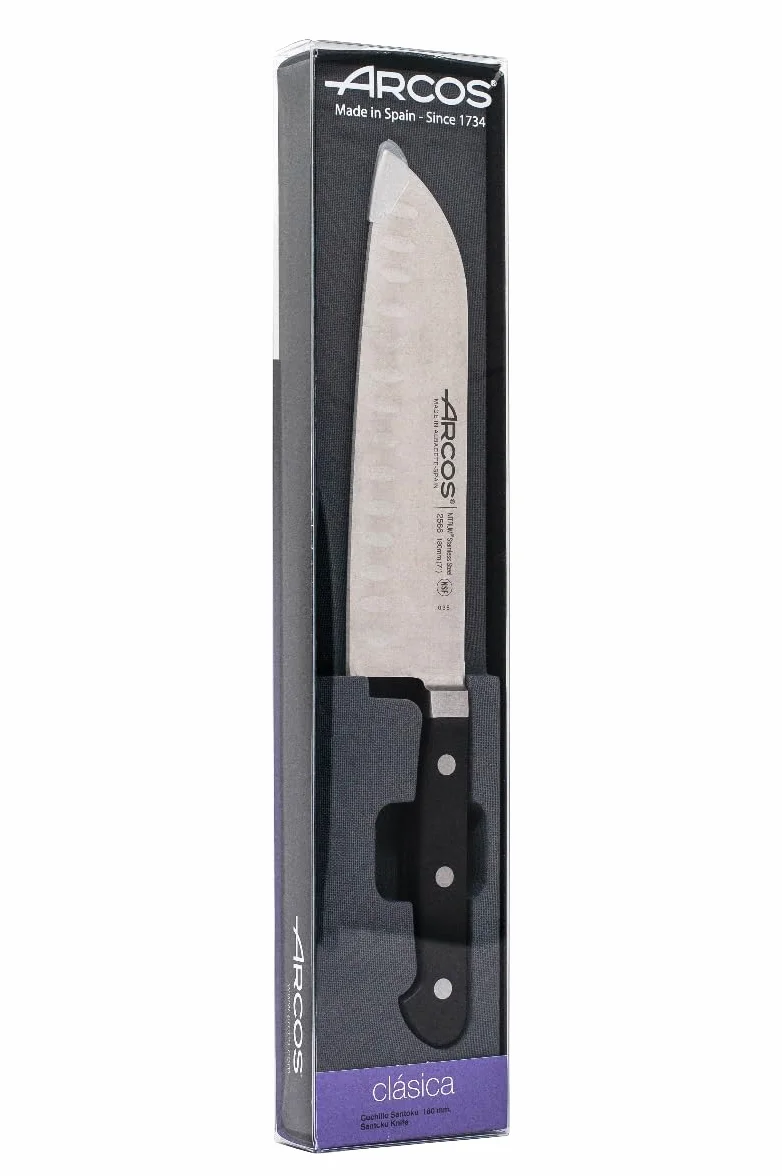 Arcos Serie Clasica - Cuchillo Santoku Cuchillo Asiático - Hoja de Acero Inoxidable Forjado NITRUM 180 mm - Mango de Polioximetileno (POM) Color Negro