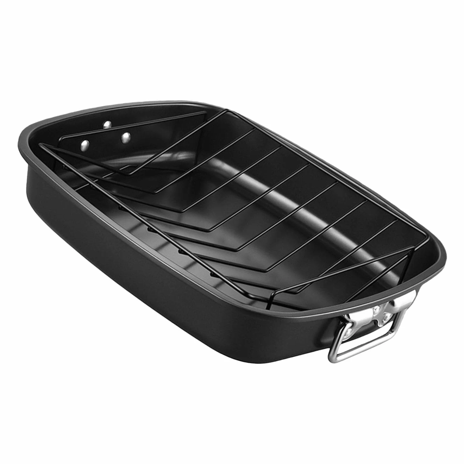Sartén para asar pavo de 17 pulgadas incluye estante en forma de V de acero al carbono, bandeja para hornear para Acción de Gracias, Navidad, apto para horno