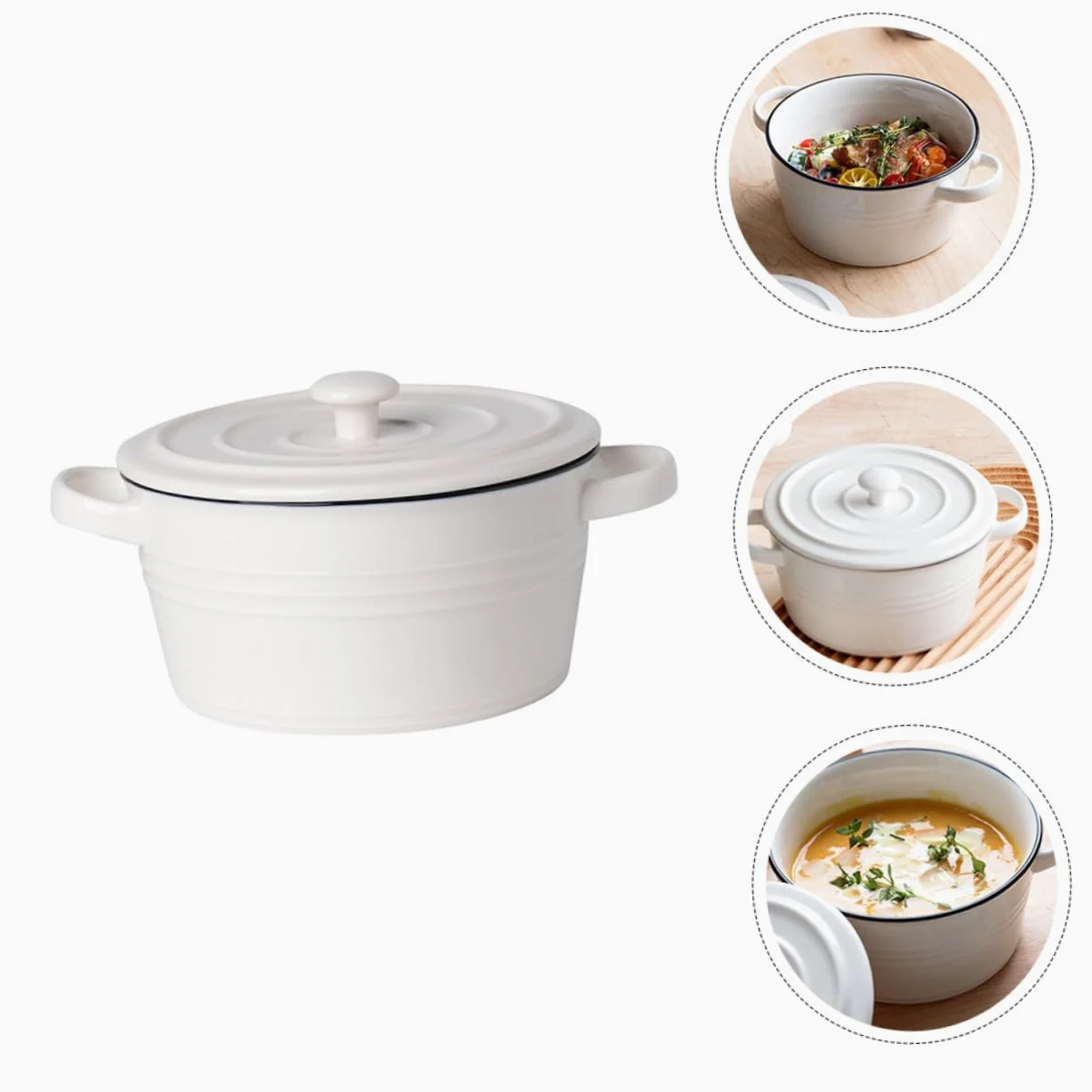 Veemoon Bol de Cerámica para Sopa con Doble Asa y Tapa Tamaño 6 Pulgadas Apto para Vaporera y Uso Doméstico Resistente y Decorativo para Hogares Restaurantes y Hoteles