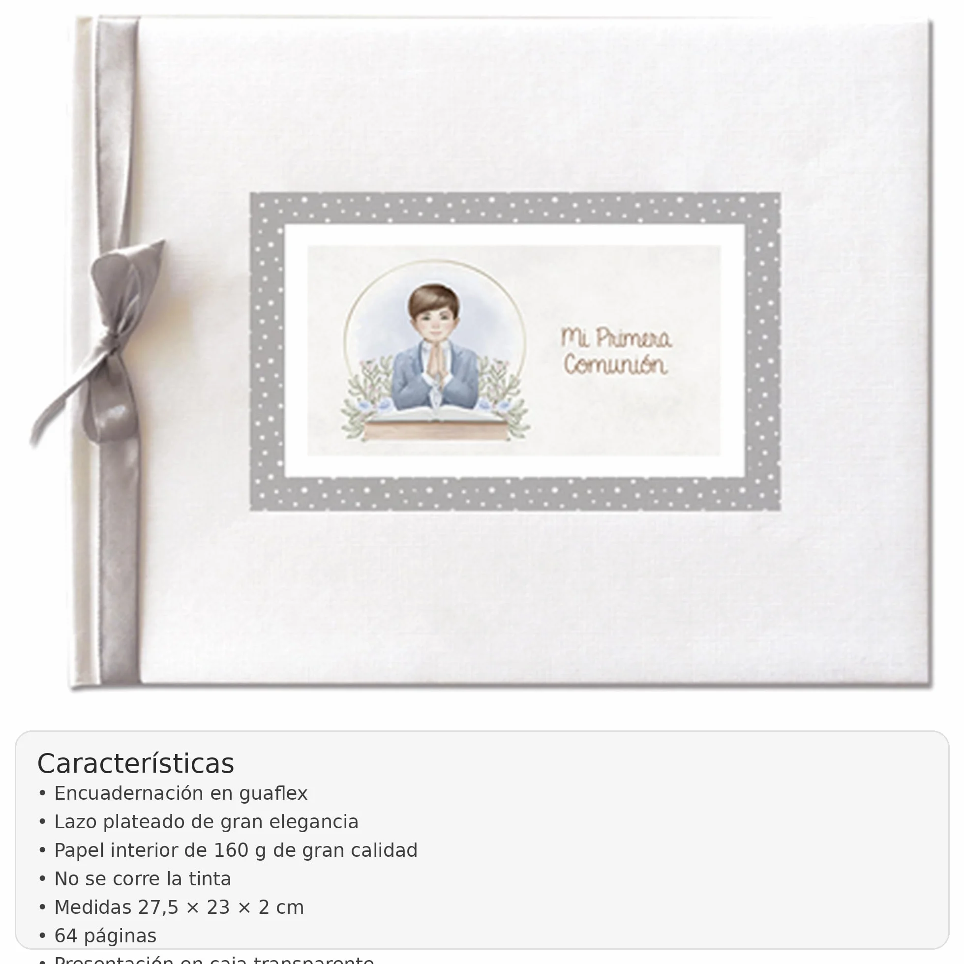 Libro de Firmas Comunión Niño – Álbum de Recuerdos con Portada Acolchada en Guaflex Blanco Elegante, Lazo Plateado, Papel 160 g, 64 Páginas, 27,5 x 23 cm – Presentación en Caja Transparente