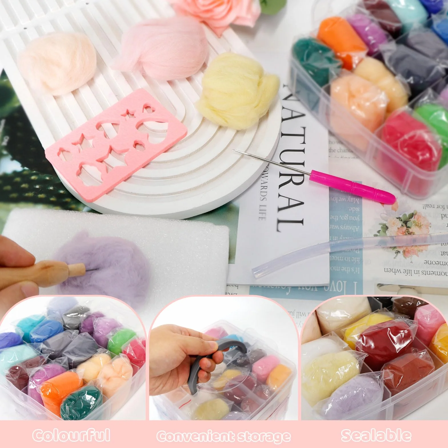 BDHYYM Lana de Fieltro 36 Colores Fieltro de Aguja Kit con Herramientas de Fieltro de Lana Adecuado para Principiantes en Fieltro Artesanal Hechos a Mano Creativos 119 piezas