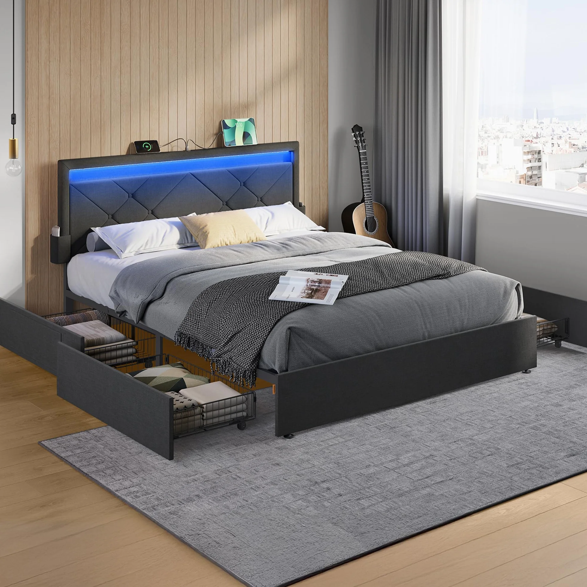 VASAGLE Marco de Cama Matrimonio, Base con Listones, 140 x 200 cm, LED, Metal, 4 Cajones, Estación de Carga, Cabecero Acolchado Ajustable, Gris Pizarra RMB827G02