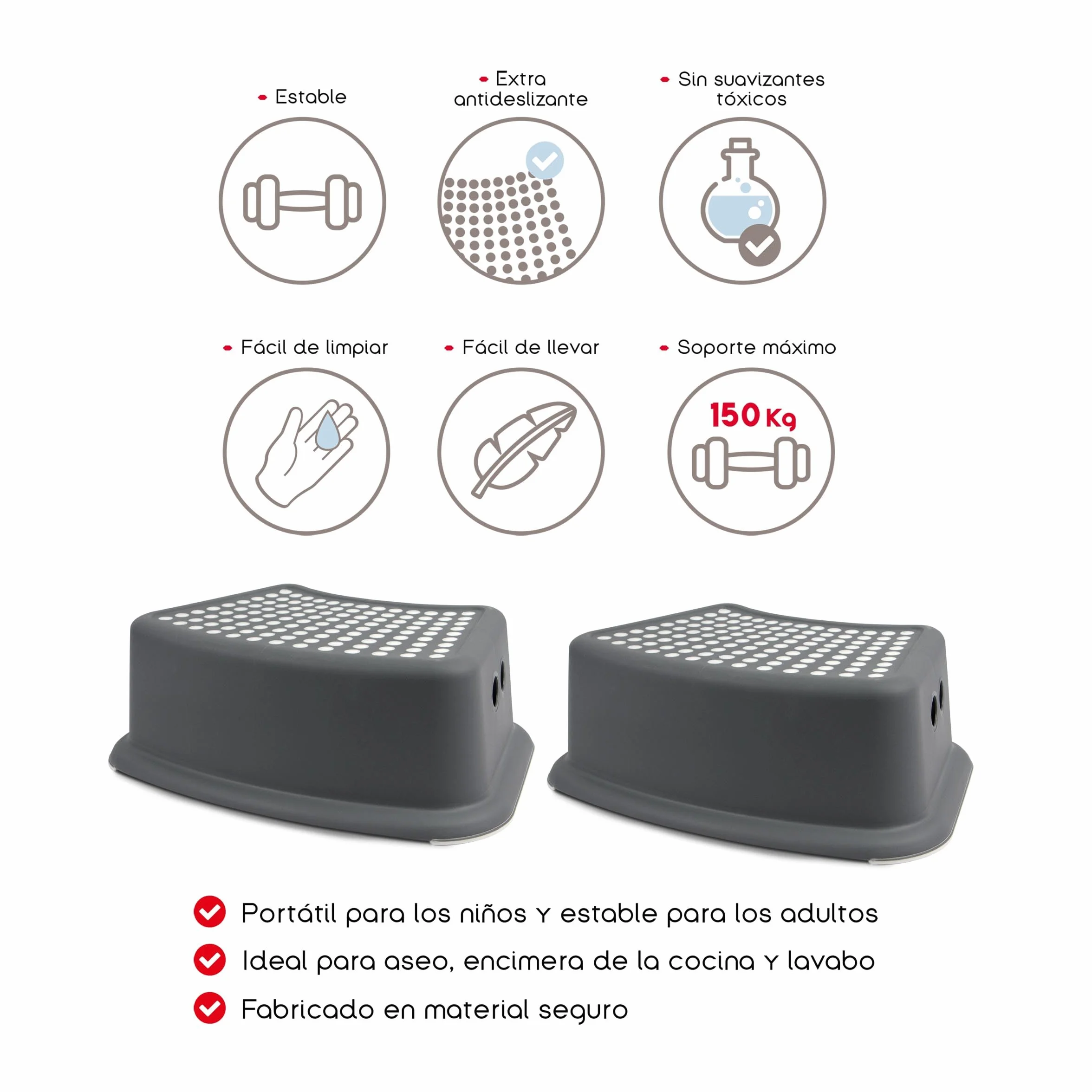 Taburete Infantil Pack de 2 Uds 150 Kg 37x25.5x13 cm PP + PTR Base Antideslizante 1 Peldaño Gris