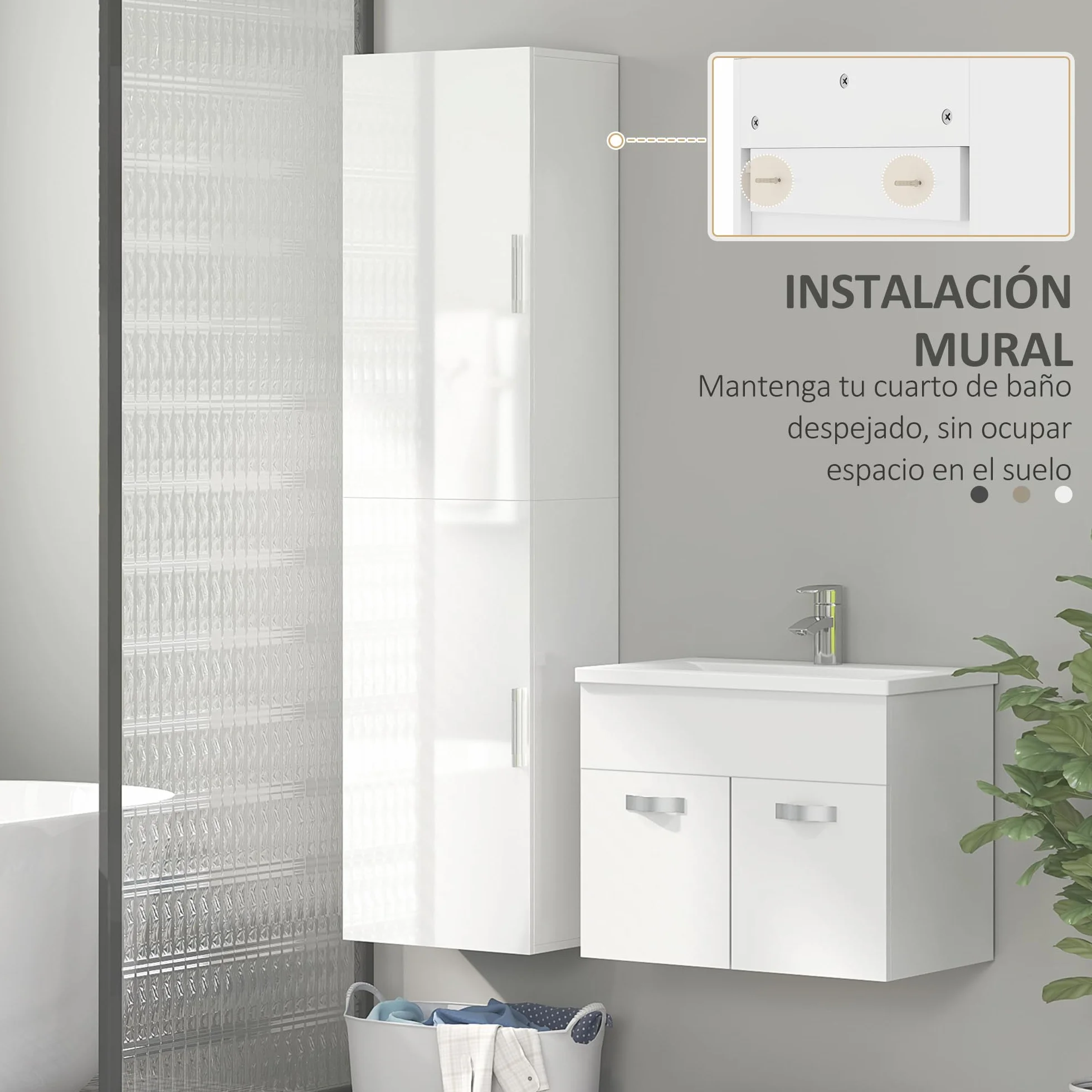 HOMCOM Armario de Baño de Pared Columna de Baño Estrecho con Estantes Ajustables y 2 Puertas Mueble de Baño Moderno para Espacio Pequeño 40x30x160 cm Blanco Brillo