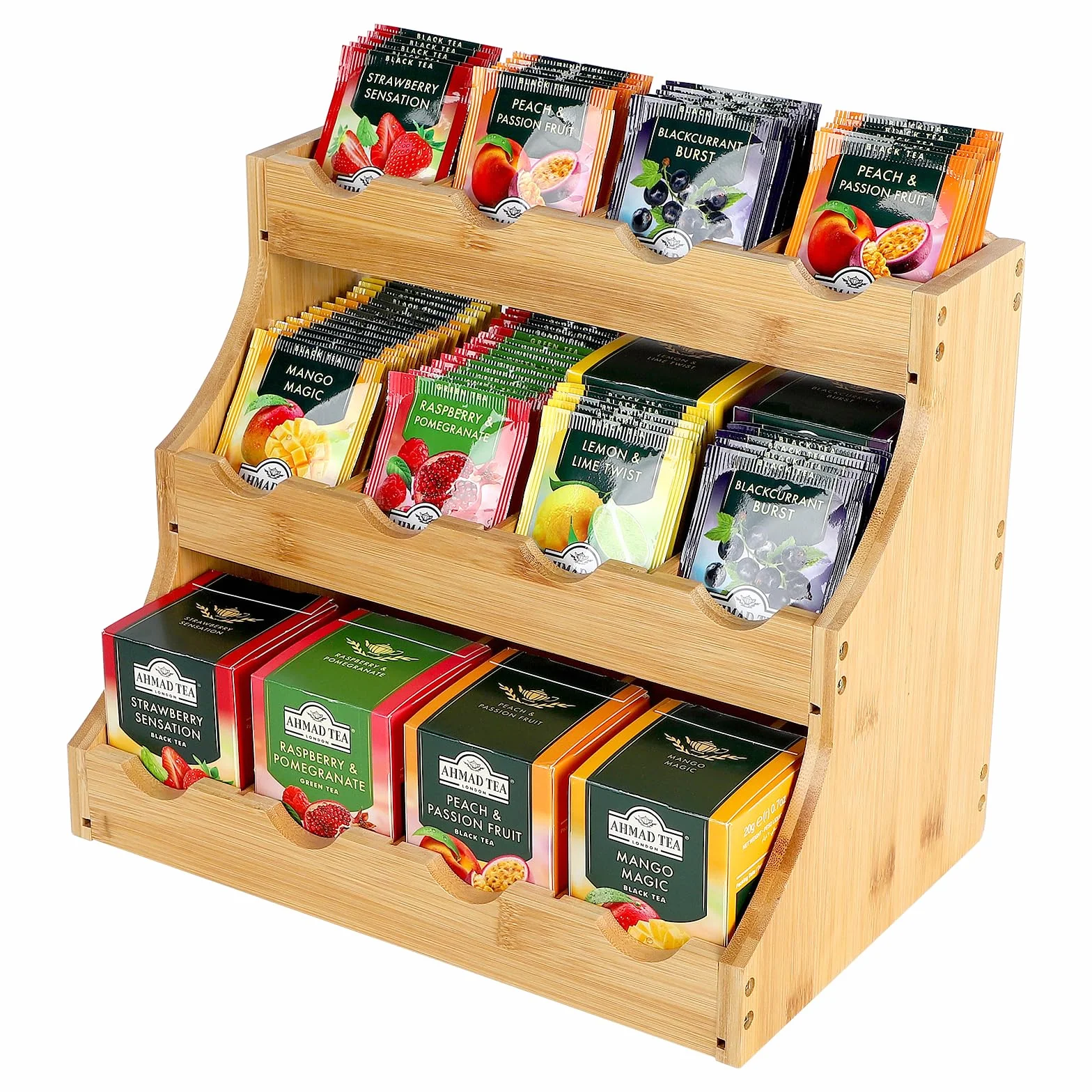 EFUTURETIME Organizador de Bolsitas de Té de Pie de Bambú, 30,7 x 25 x 20,5 cm, Estante de Té Vertical de Madera con 12 Compartimentos Ajustables, para Paquetes de Té, Café, Azúcar y Agitadores