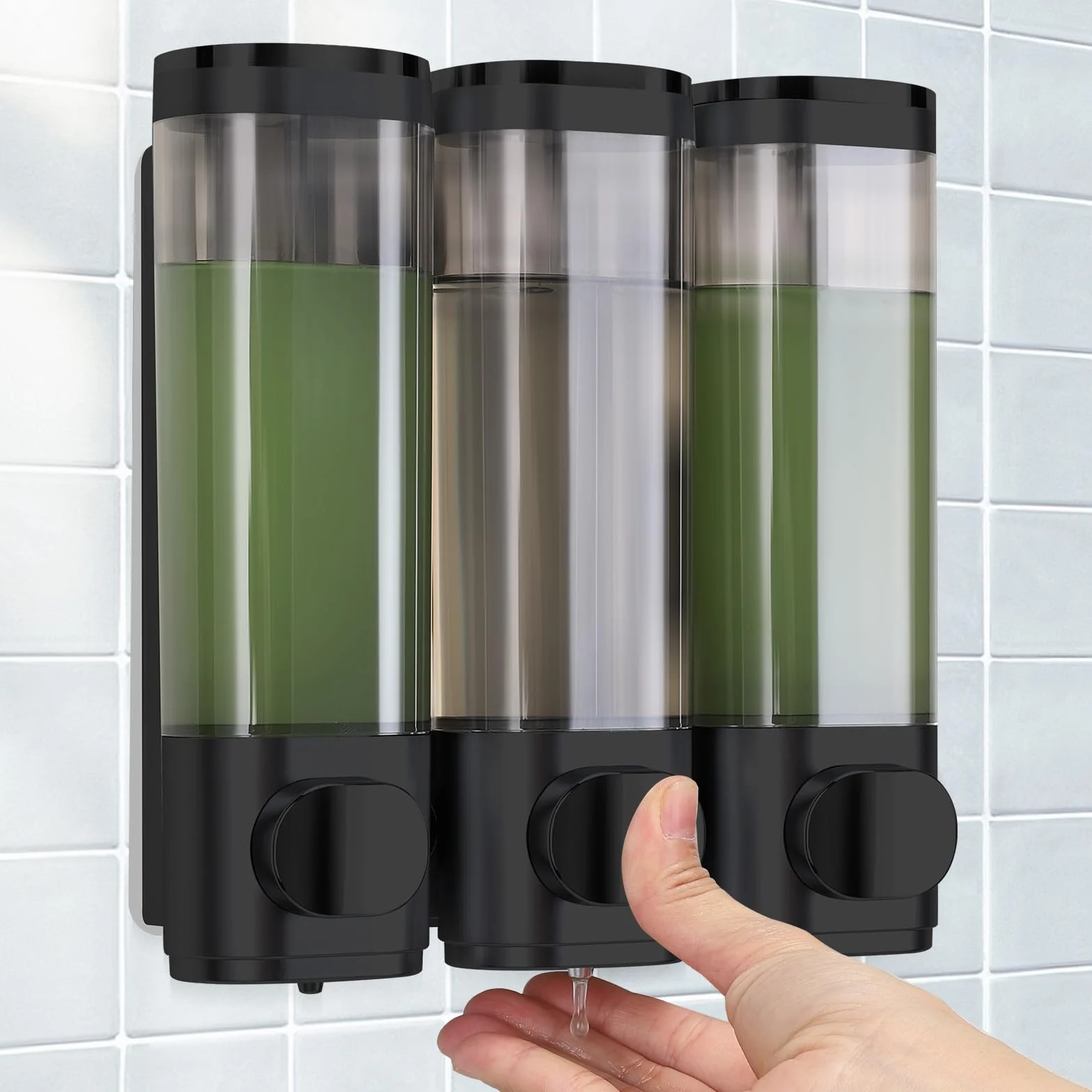 Dispensador de jabón de pared, dispensador para gel de ducha, juego de 3 dispensadores de jabón sin perforación, liberación uniforme del líquido, a prueba de fugas, adecuado para champú, gel de ducha