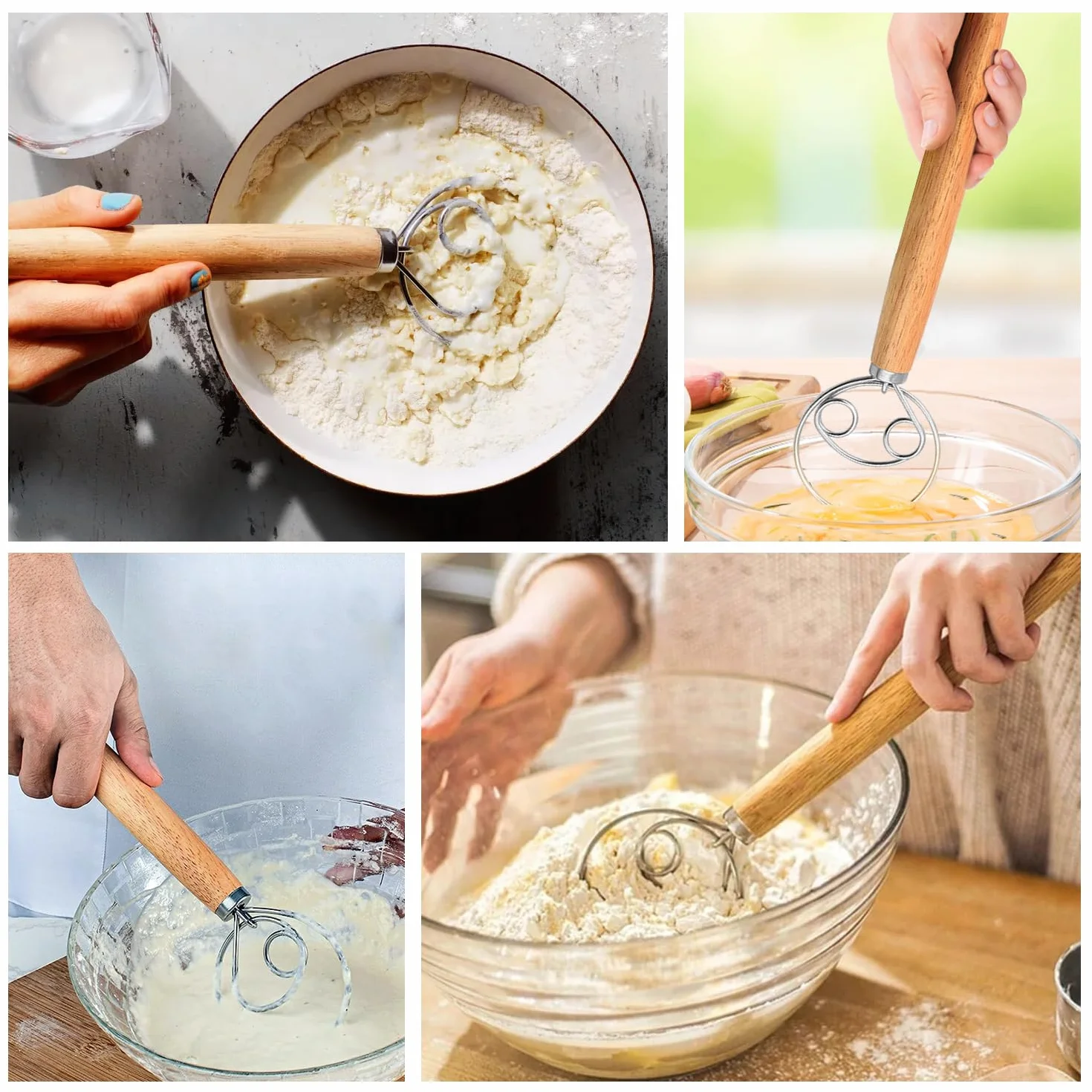 Batidor de masa danés y holandés, alambre de acero inoxidable 304, para batir huevos y masa danesa con mango de madera, para hacer pasteles de pan