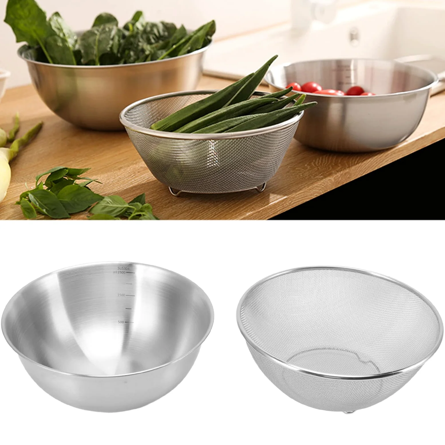 Colador de Acero Inoxidable, Colador de Colador para Cocina, Colador de Metal, Coladores de Malla Fina de Acero Inoxidable (Cuenco+Pantalla de malla)