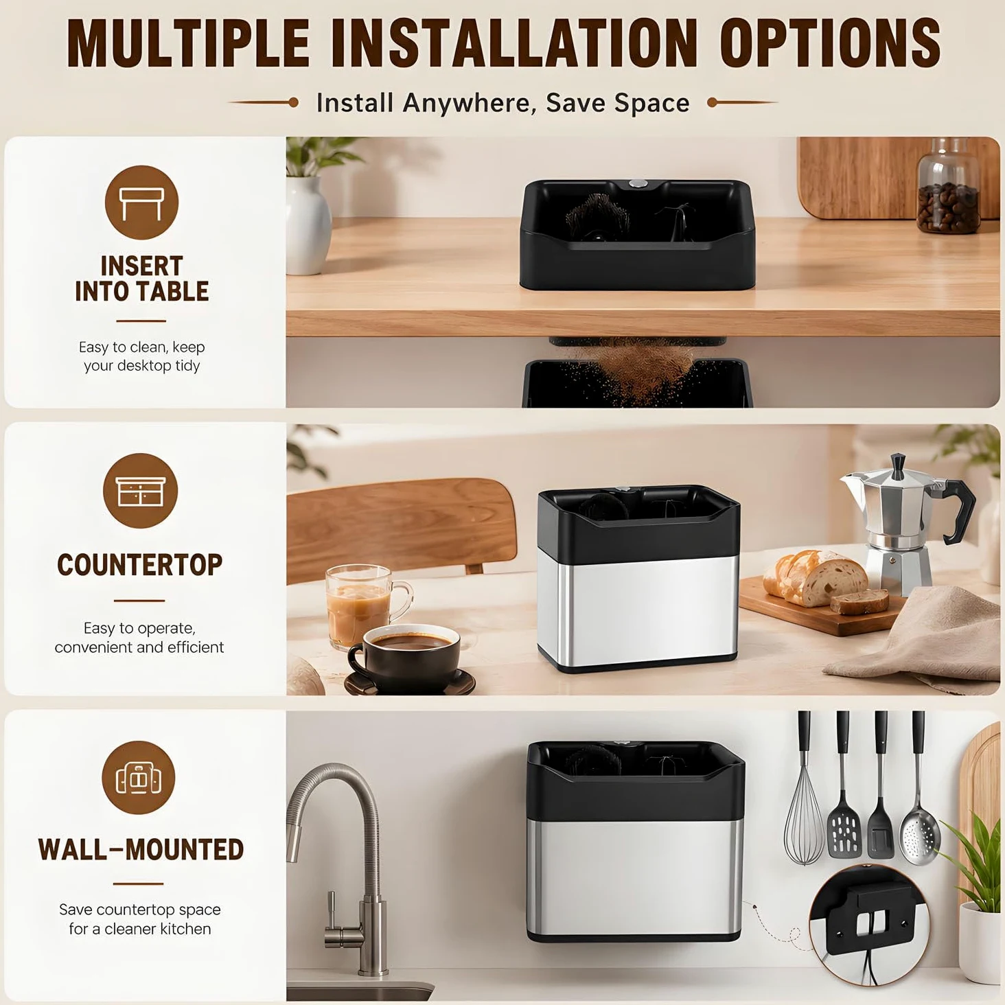 Máquina automática para limpiar restos de café y portafiltros; limpiador eléctrico con 3 raspadores y 2 cabezales de cepillo; capacidad de 3 L, compatible con portafiltros de 51 mm y 58 mm. Black
