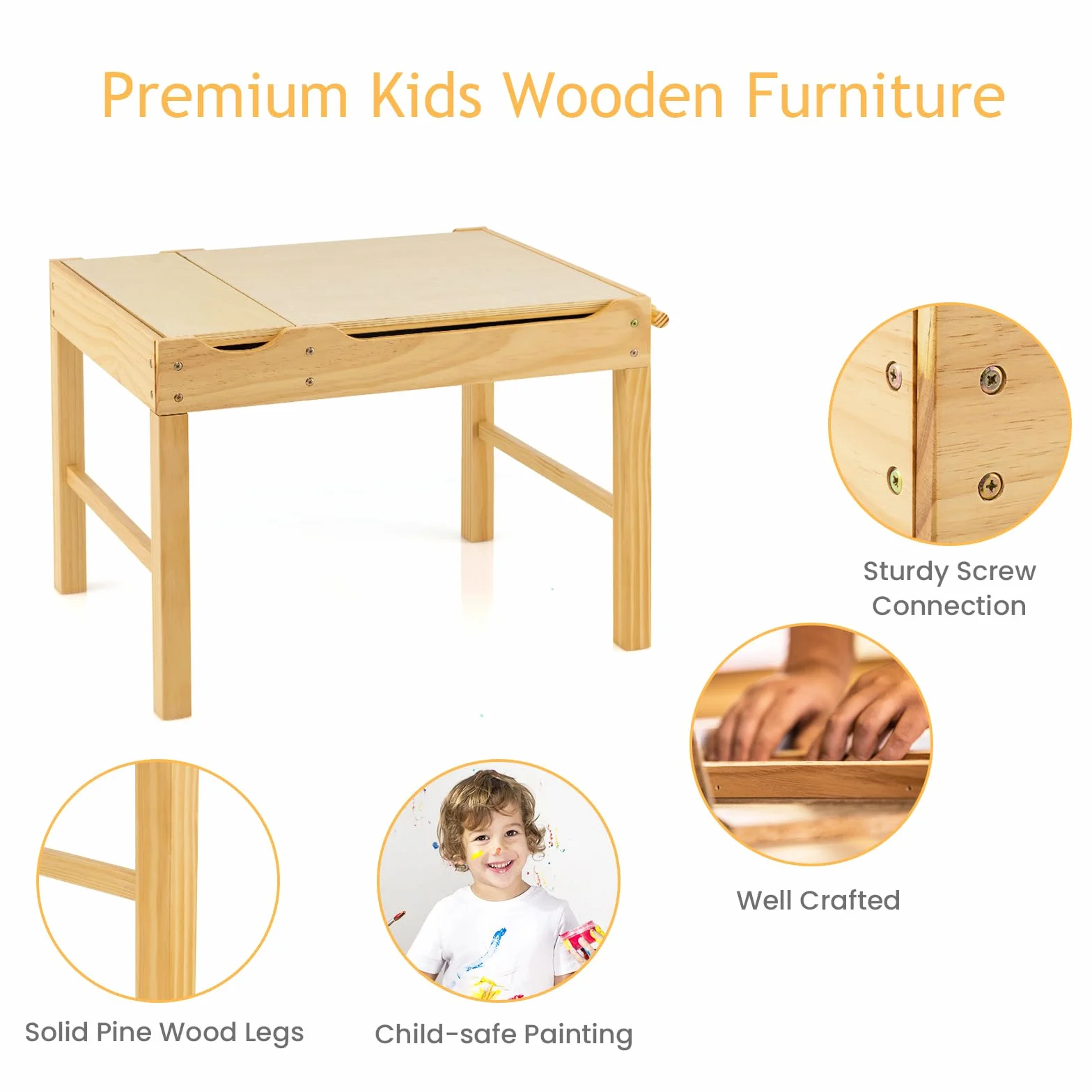 LIFEZEAL 2 en 1 Mesa de Actividades Infantil, Mesa de Dibujo y Bloques de Construcción con Espacio de Almacenaje, Bandeja Reversible, Rodillo para Papel, Escritorio de Madera para Niños (Natural)