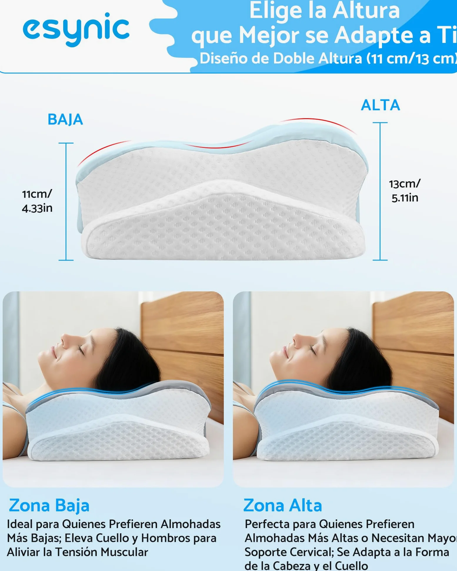 eSynic Almohada Viscoelástica Ergonómica para Cuello y Cervical Cojín Ortopédico de Espuma de Memoria con Doble Altura 11/13 cm Almohada para Dormir de Lado y Boca Arriba Funda Transpirable y Lavable