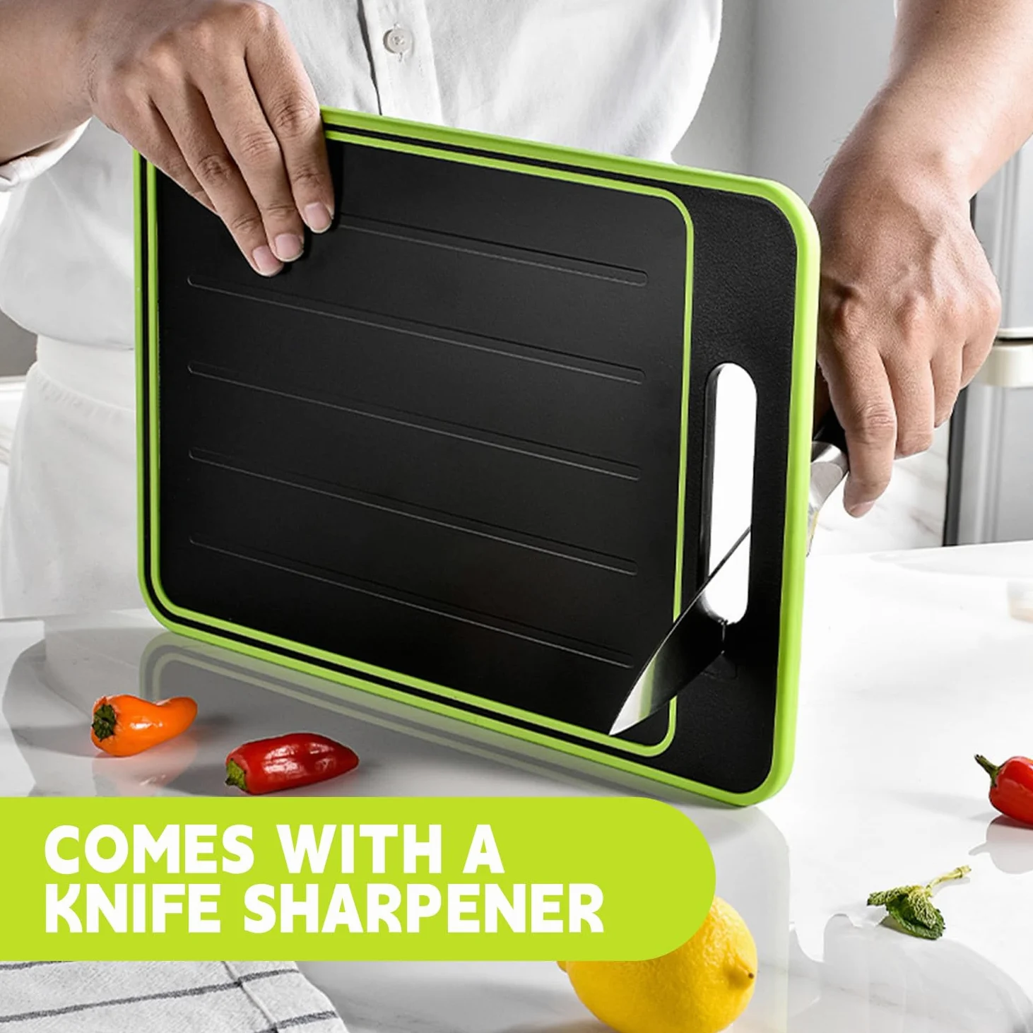 Tabla de cortar de doble cara, 2 tablas de verduras con piedra de afilar, tamaño grande + tamaño pequeño, acero inoxidable de grado alimenticio y material de polipropileno de paja de trigo, ecológica