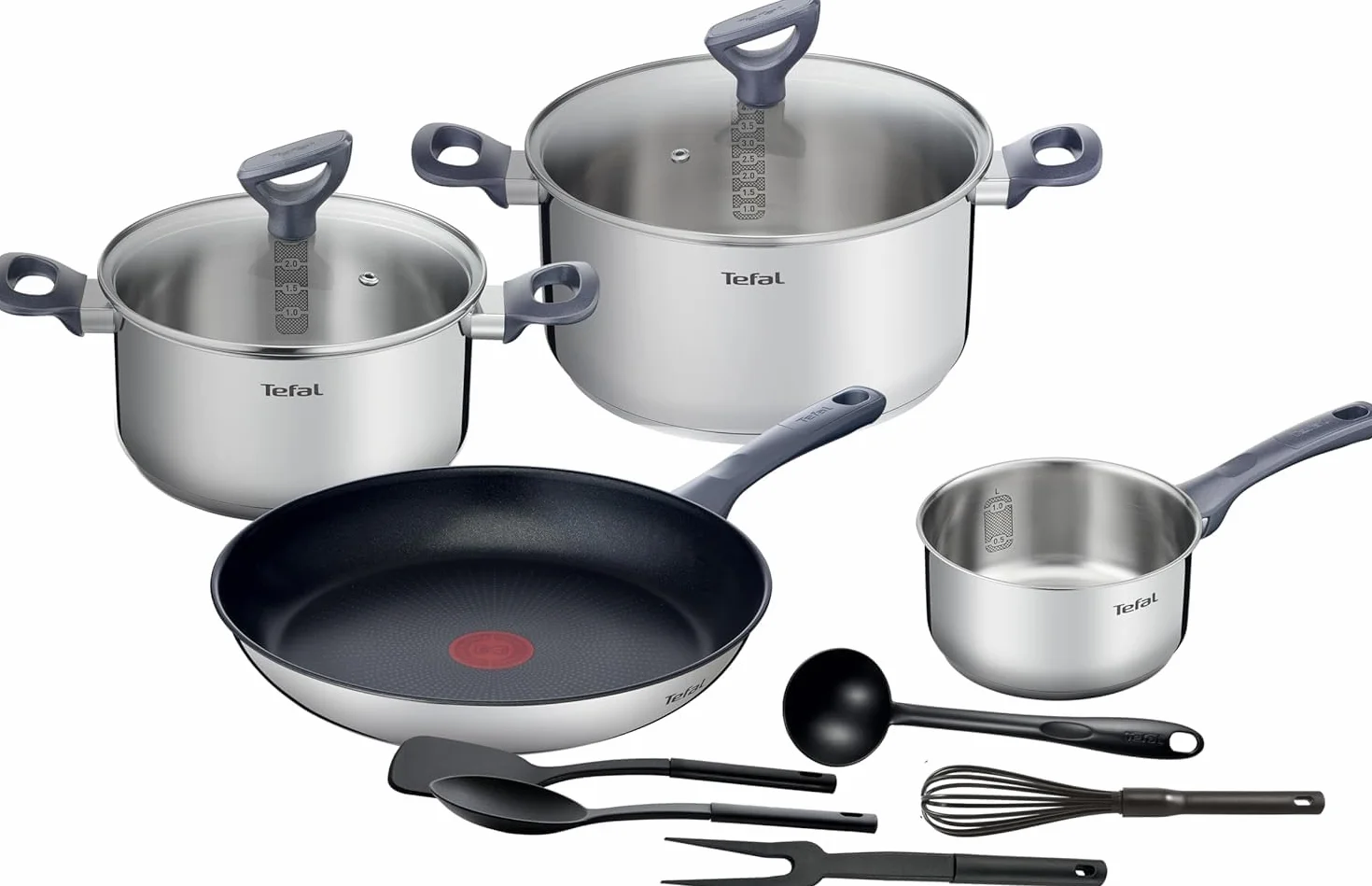 Tefal Daily Cook - Juego de Sartén antiadherente 28 cm + 2 Ollas 20/24 cm + Cazo 16 cm + 5 Accesorios, Apto inducción, Thermo-Fusion, marcas medición, apto lavavajillas y horno, acero inoxidable