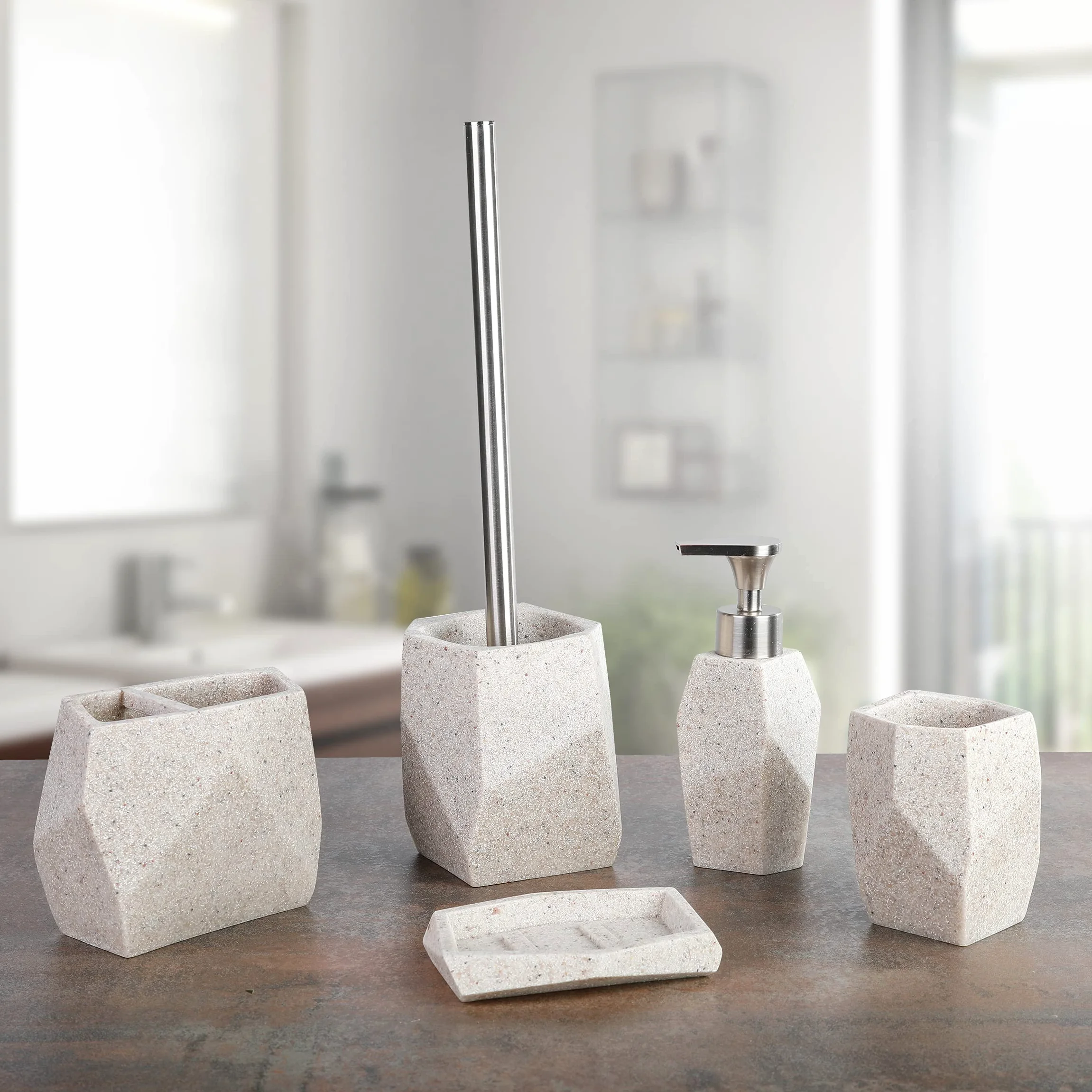 axentia Juego de Accesorios para Baño Santorino, Set de 5 Piezas de Poliresina Accesorios para Cuarto de Baño, Beige