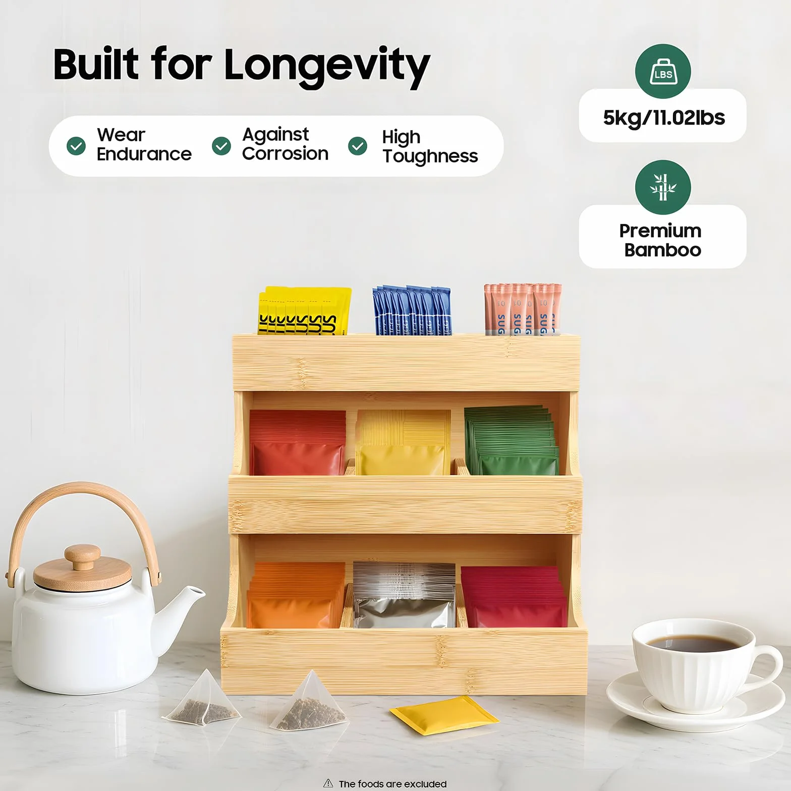 Organizador de bolsas de té de bambú con 9 compartimentos y 3 niveles (27 x 17,5 x 24 cm), capacidad de carga de 5 kg, para casa, oficina y cafetería, diseño sostenible