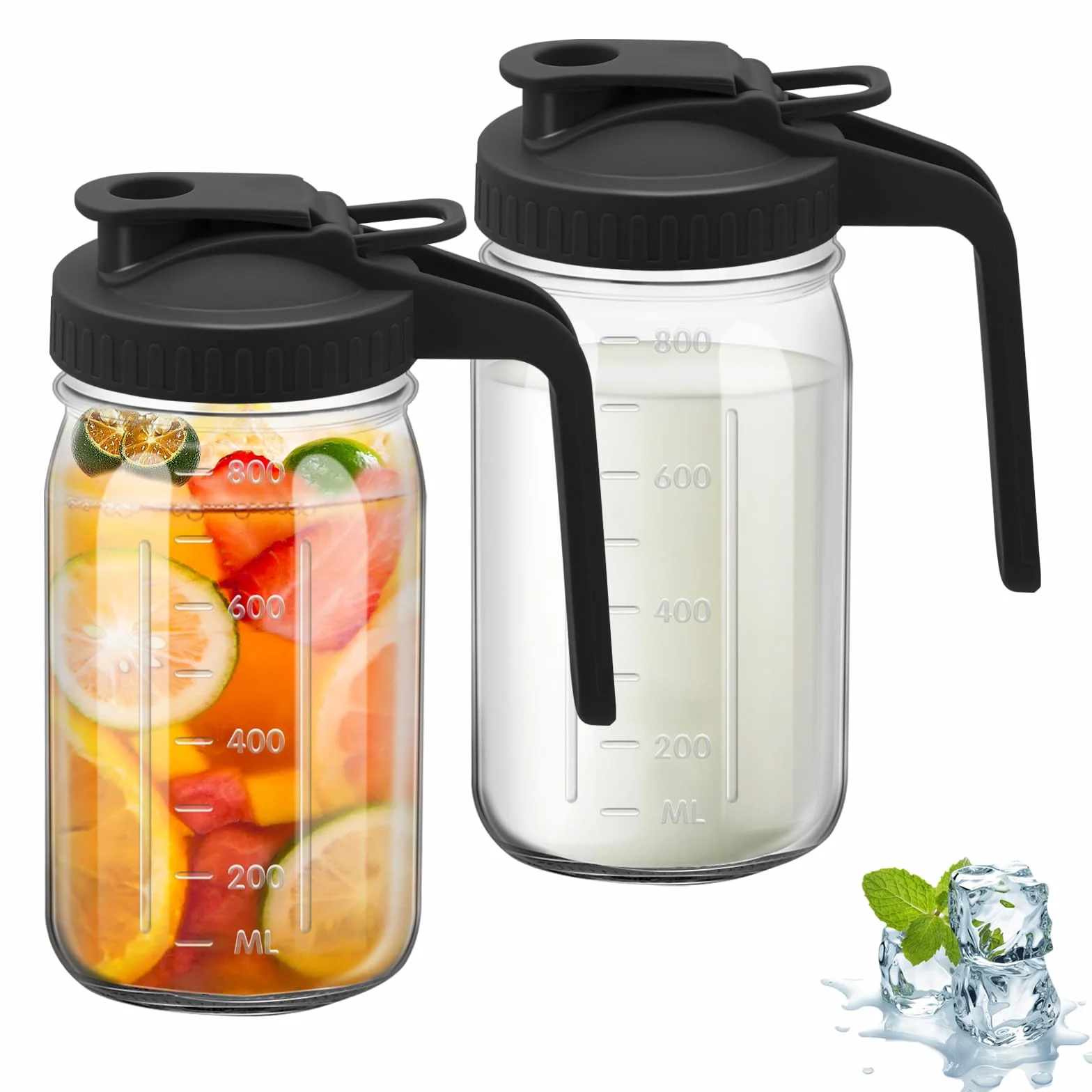 Jarra de boca ancha, jarra de agua de vidrio de 32 onzas con tapa, doble mango a prueba de fugas, ideal para jugos, leche materna, recipiente de almacenamiento de cocina