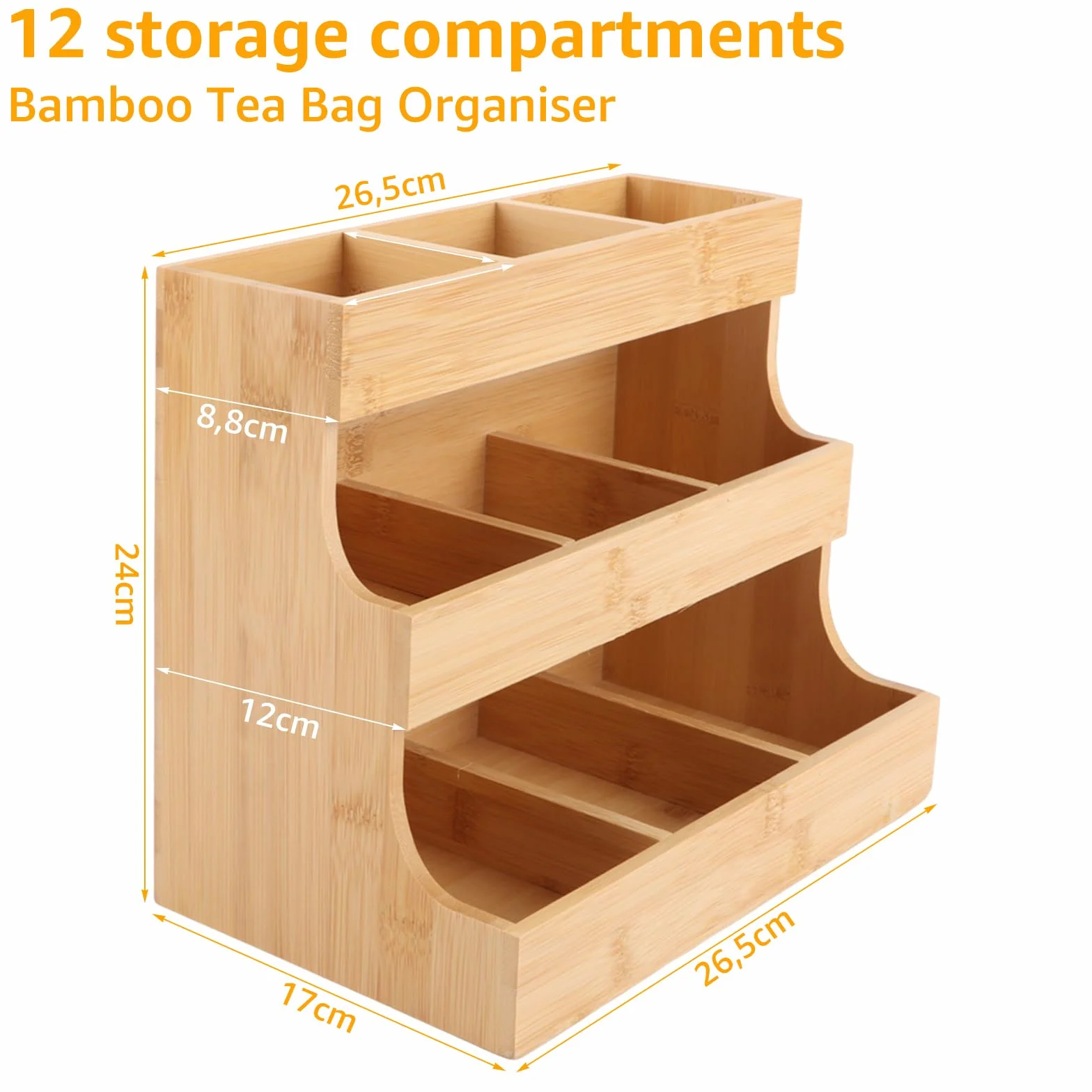 26 x 17 x 24 cm Organizador de bolsas de té de bambú, caja de té de madera con 9 compartimentos de almacenamiento, soporte para bolsas de té de bambú, almacenamiento de té, organizador vertical
