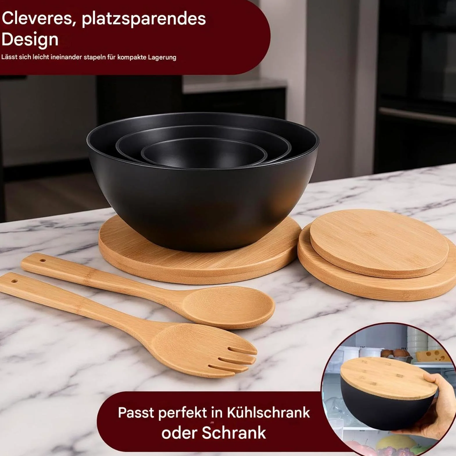 Bol Para Ensalada Con Tapa Para Preparar Almacenar y Servir | Ensaladeras Anidables Para Cocina Preparación Y Servicio De Comidas Ensalada Snacks Pan Sopa Frutas Verduras Con