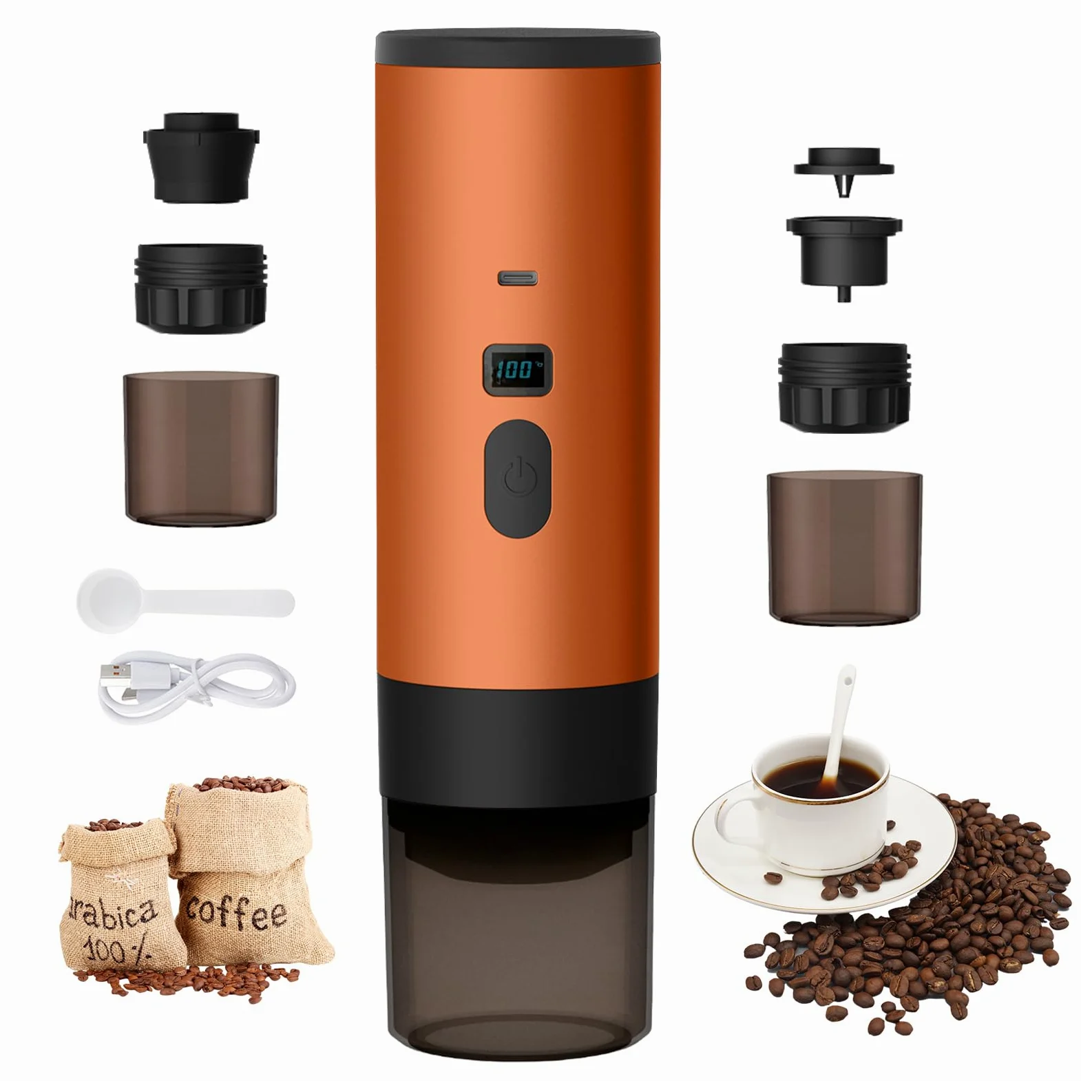 Cafetera 3 en 1, portátil, 72 W, cafetera portátil, 12 V, cafetera de espresso, recargable, USB, cafetera de cápsulas, recipiente de agua, 90 ml, para oficina, camping, coche, viaje (naranja)