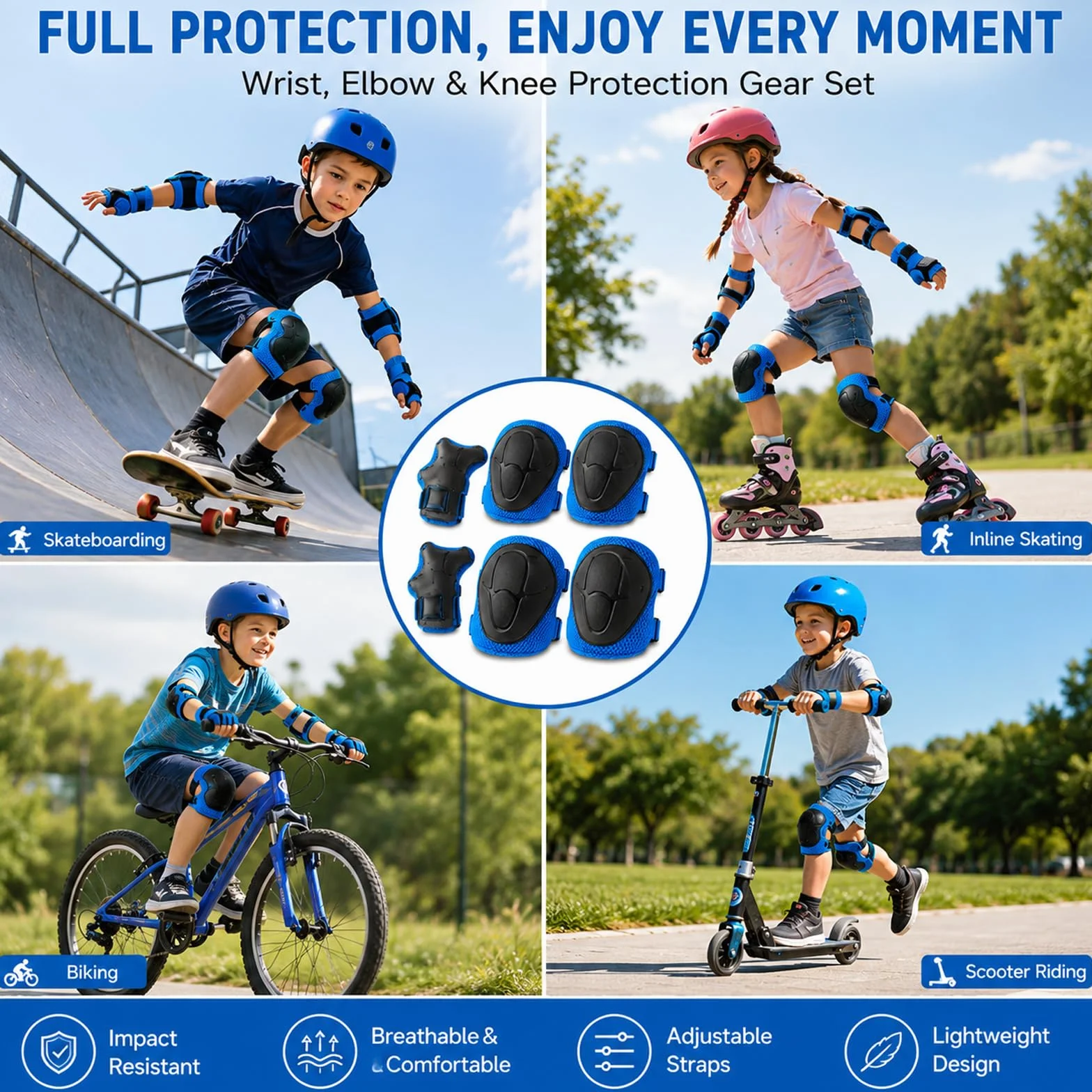Protecciones Patines Azul Rodilleras Coderas Muñequeras Set Patinaje Ciclismo Monopatín