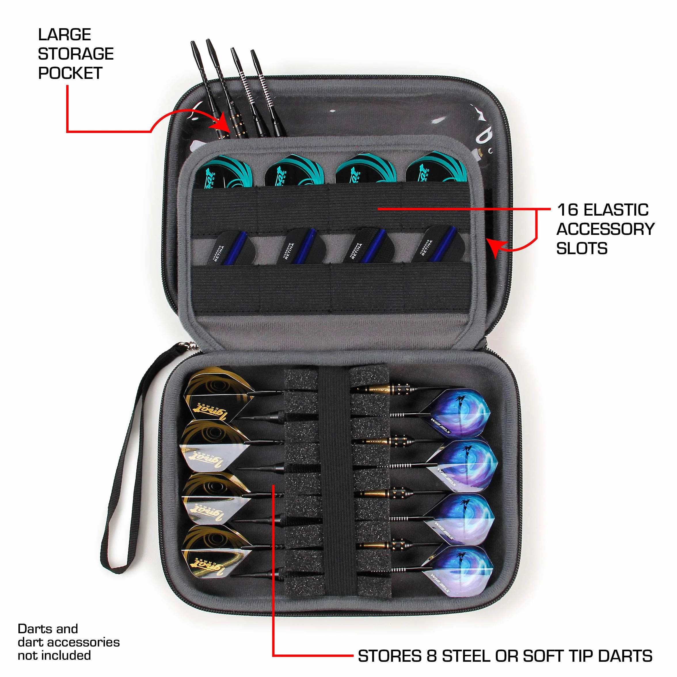 USA Gear - Funda rígida para Dardos (8 Dardos y Accesorios, Puntas, Ejes y Volantes, Compatible con Dardos de Punta Blanda y Punta de Acero, Color Negro