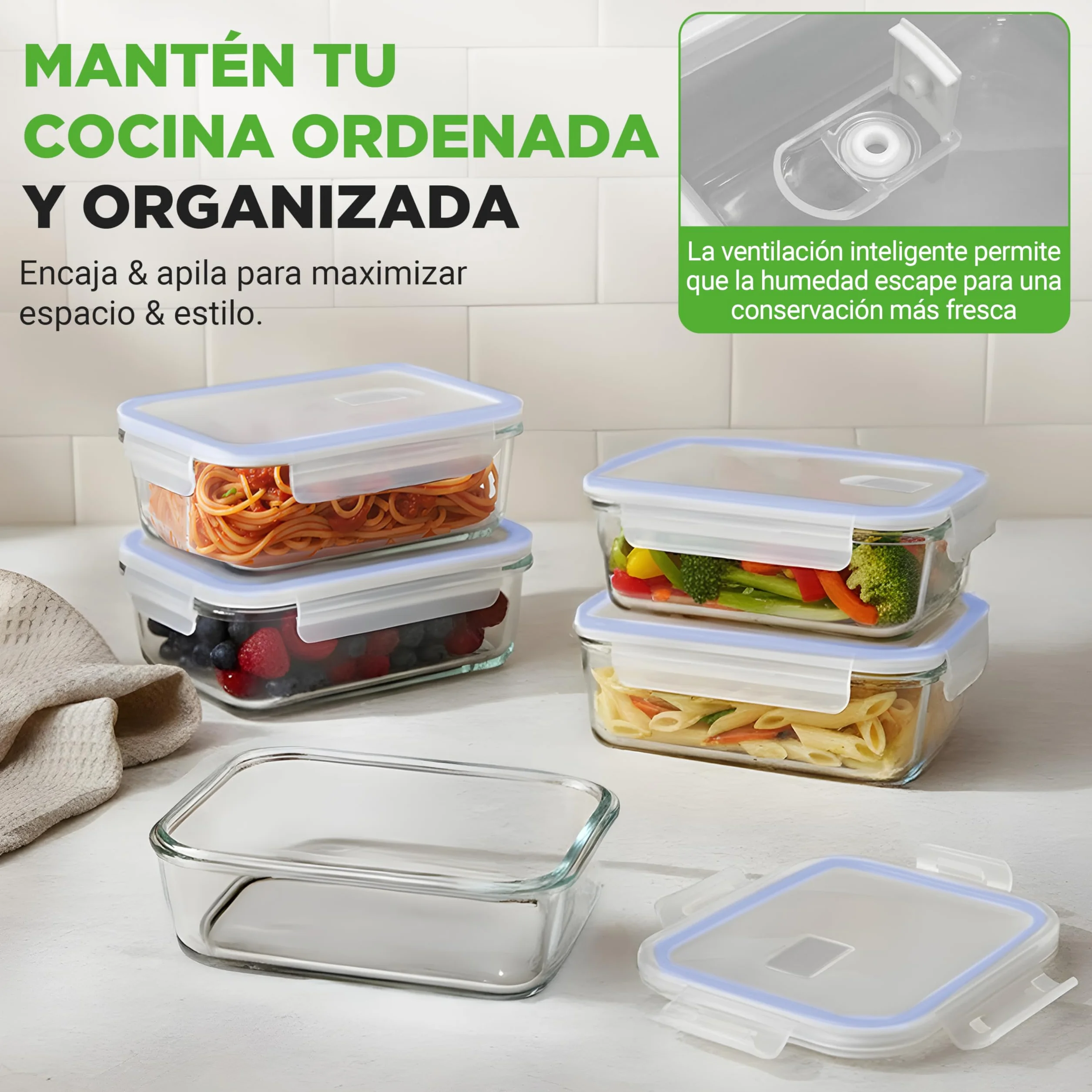 Nutrichef tuppers de cristal herméticos con orificio de aire, 5 recipientes apilables y 5 tapas, Aptos para microondas, Horno y congelador, Sin BPA