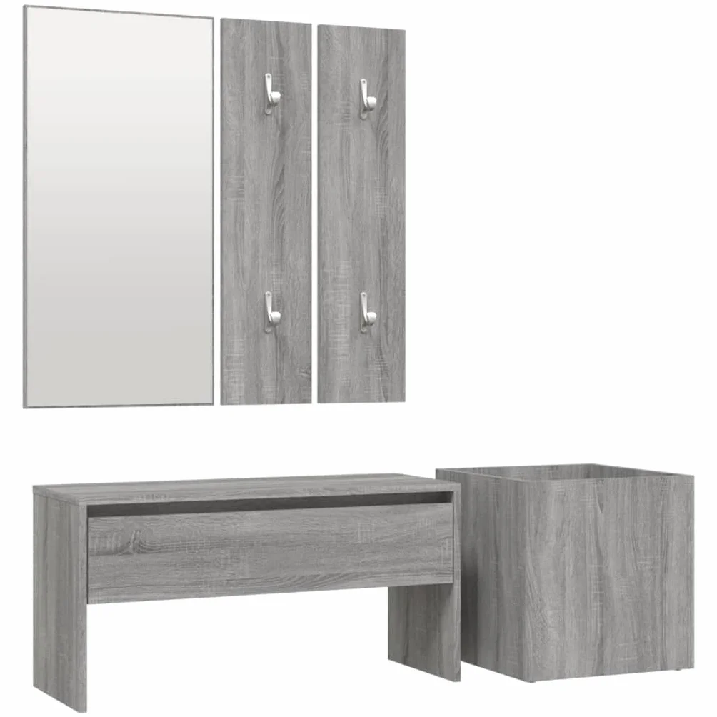 Juego de perchero gris Sonoma 80 × 30,5 × 40 cm, perchero doble con banco, espejo, jardinera, espacio de almacenamiento, pasillo salón o dormitorio