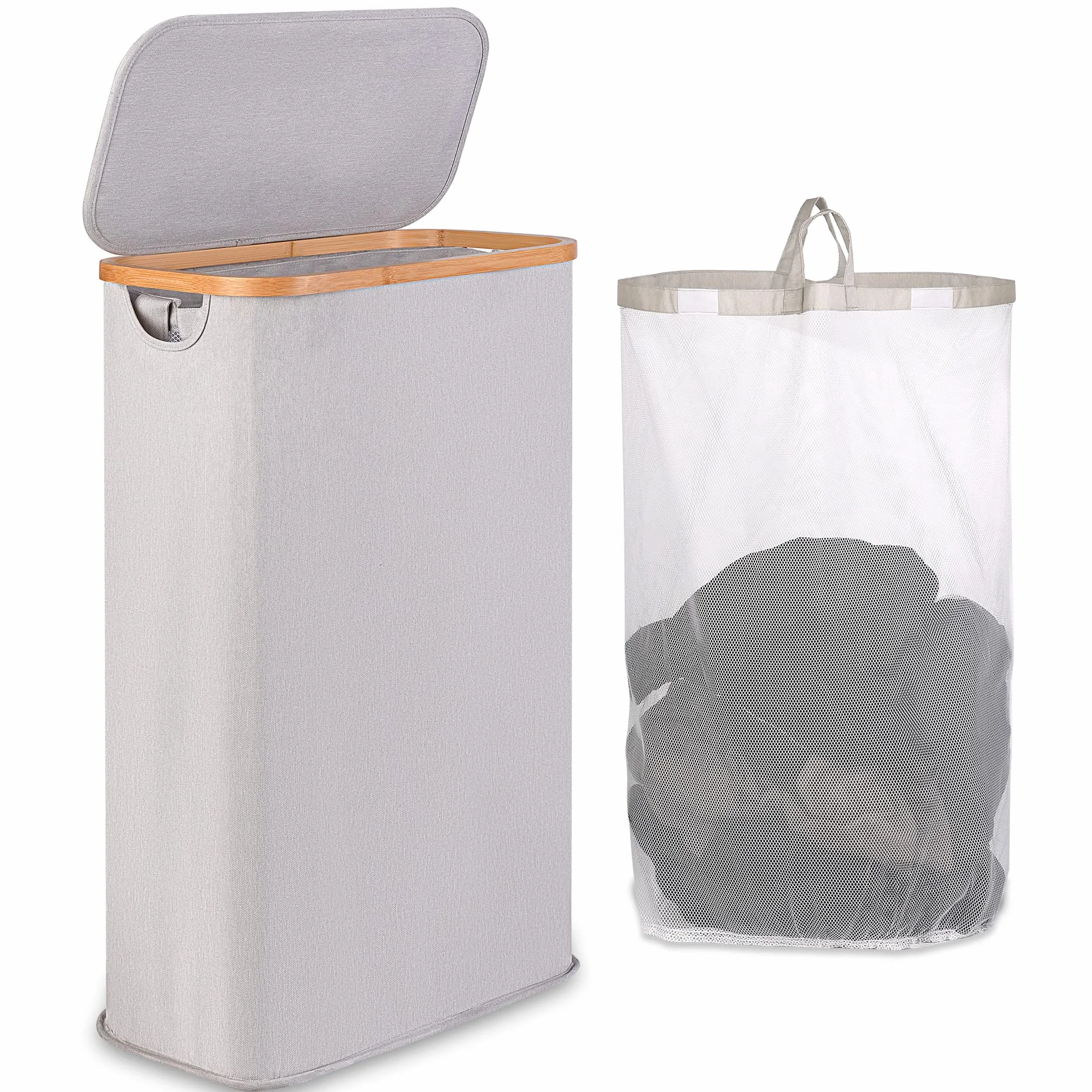 Cesto Ropa Sucia Bambú 60L con Tapa, Cesta Delgado con Bolsa Interior Extraíble, Laundry Basket Plegable para Lavadero Dormitorio Gris claro