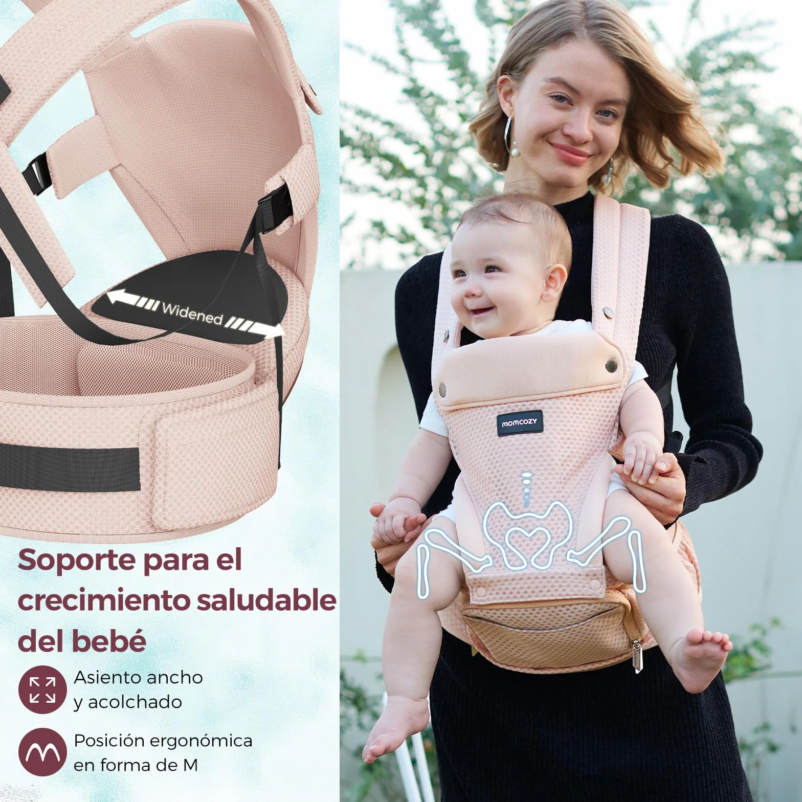 Momcozy Mochila Portabebés Ergonómica 2 en 1 con Asiento de Cadera Desmontable, Transpirable, Soporte Lumbar, hasta 20 kg