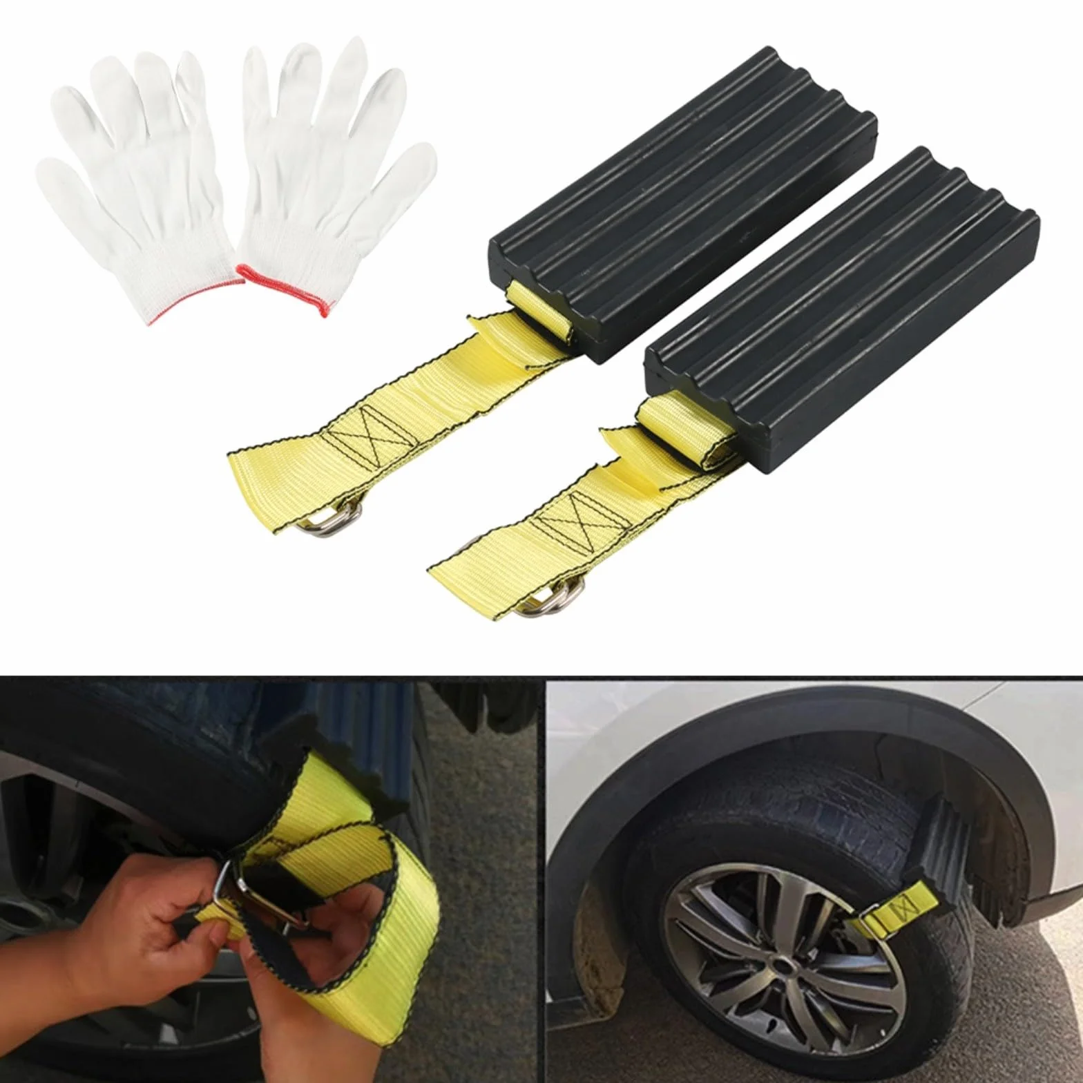 2 dispositivos de tracción de neumáticos para escape de arena de barro y nieve, cinturones de poliuretano antideslizantes, kit de recuperación de instalación rápida para conducción en invierno, negro