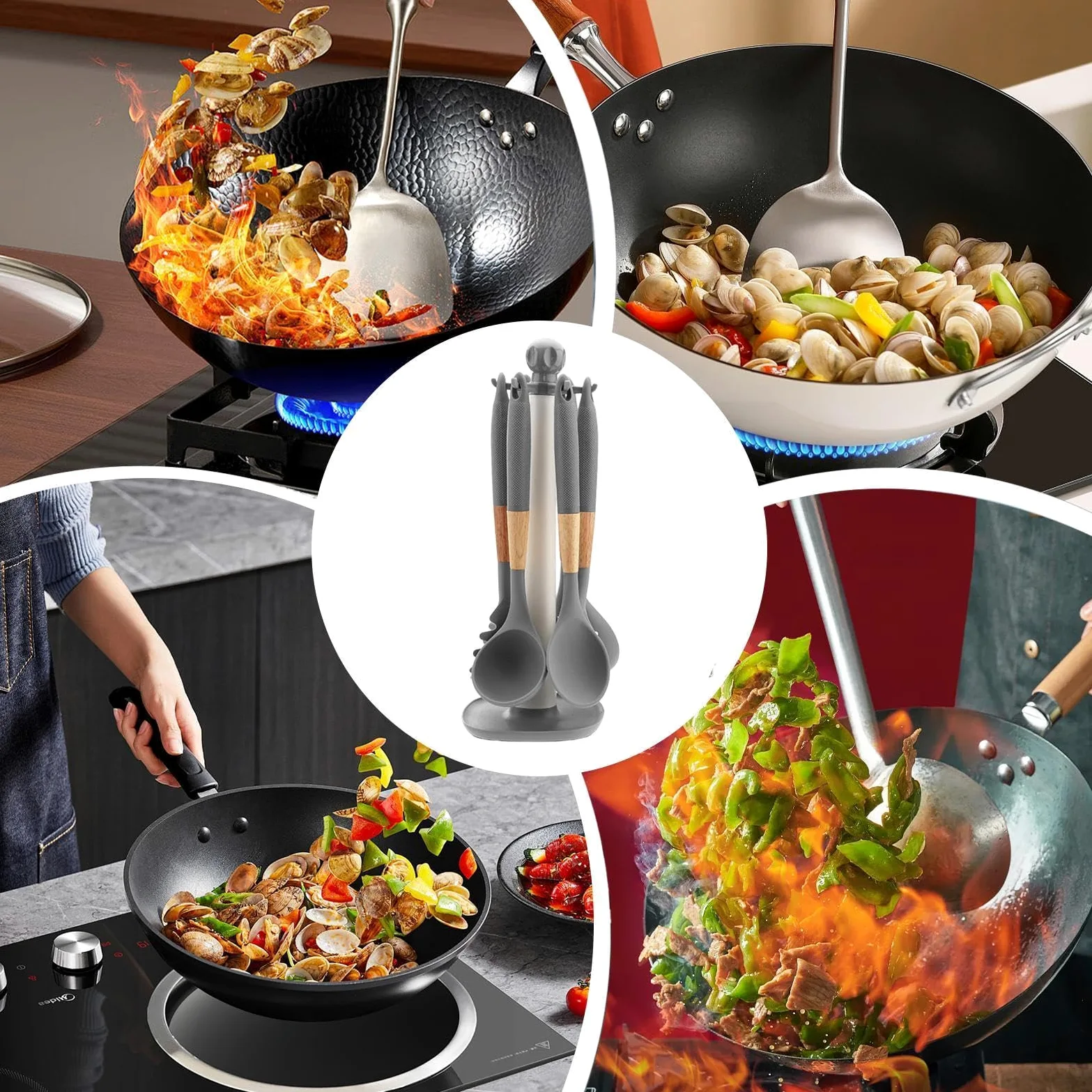 Utensilios de Cocina de Silicona Set de 7 Piezas con Mango Largo, | Cucharas de Cocina, Cucharón y Espátula para Hogar, Apartamento, Restaurante, Camping, Cocinar,