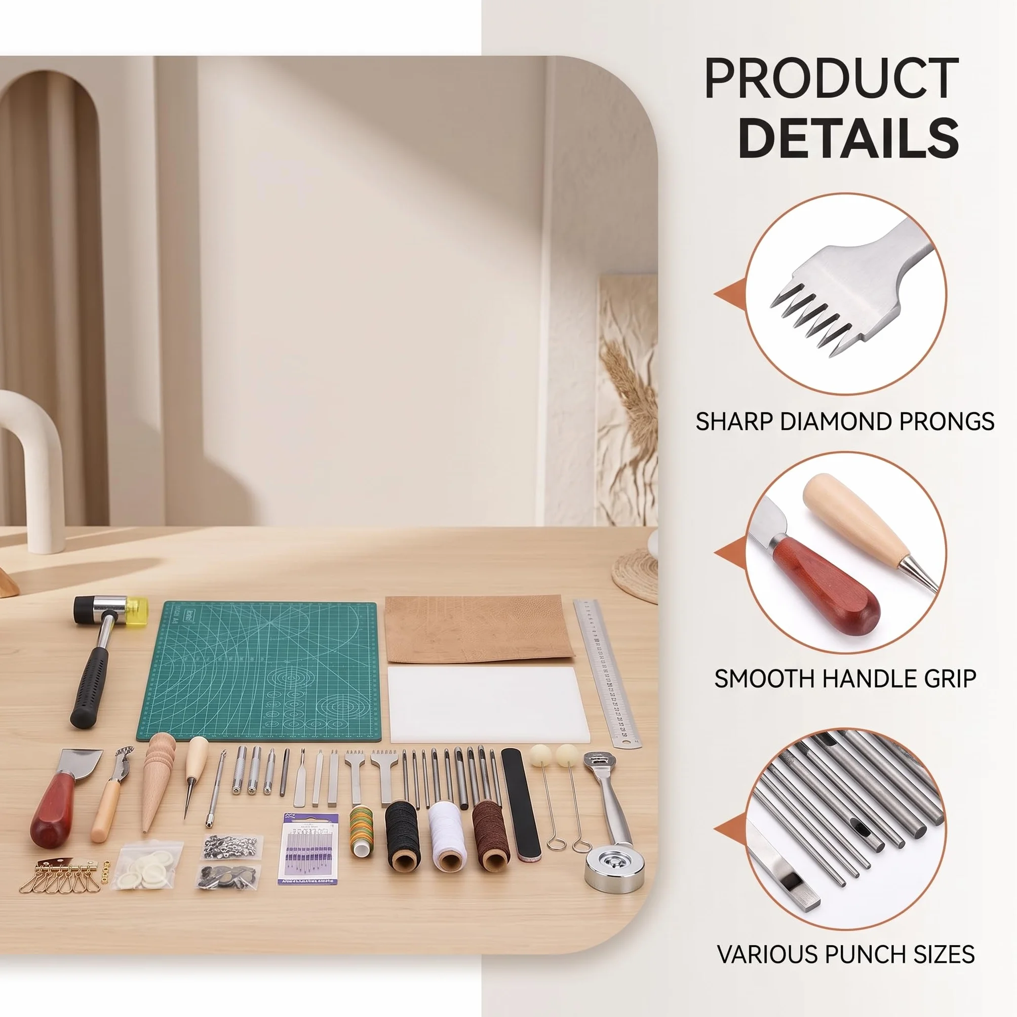 Phefop Juego de 42 Herramientas para Manualidades de Cuero, Kit de Peletería, Herramientas de Costura de Cuero con 42 Manuales para Coser Tela de y Lienzo