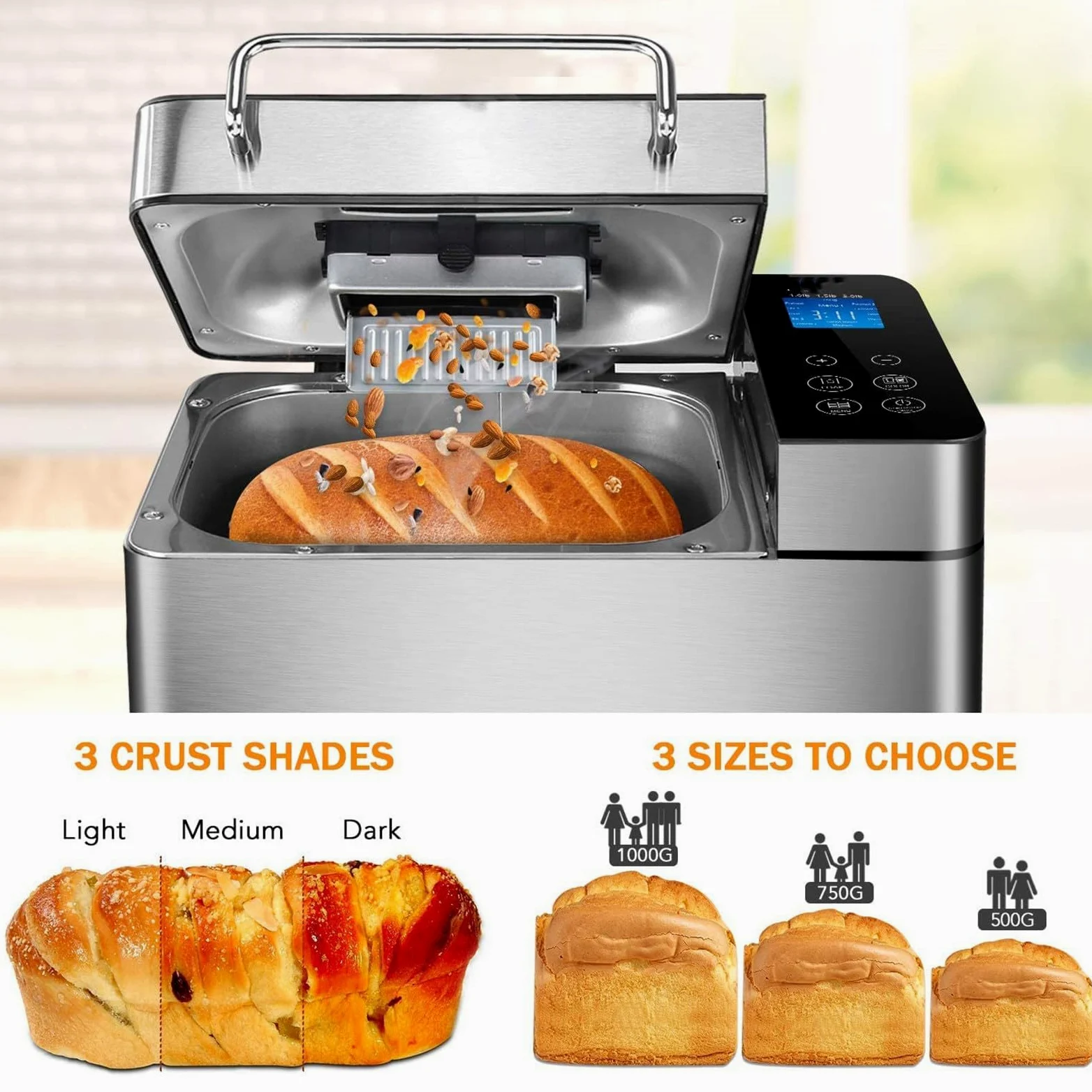 Máquina De Pan Automática 17 En 1 Con Dispensador De Nueces, Funciones De Masa, Mermelada Y Yogur Para Hornear Pan Casero