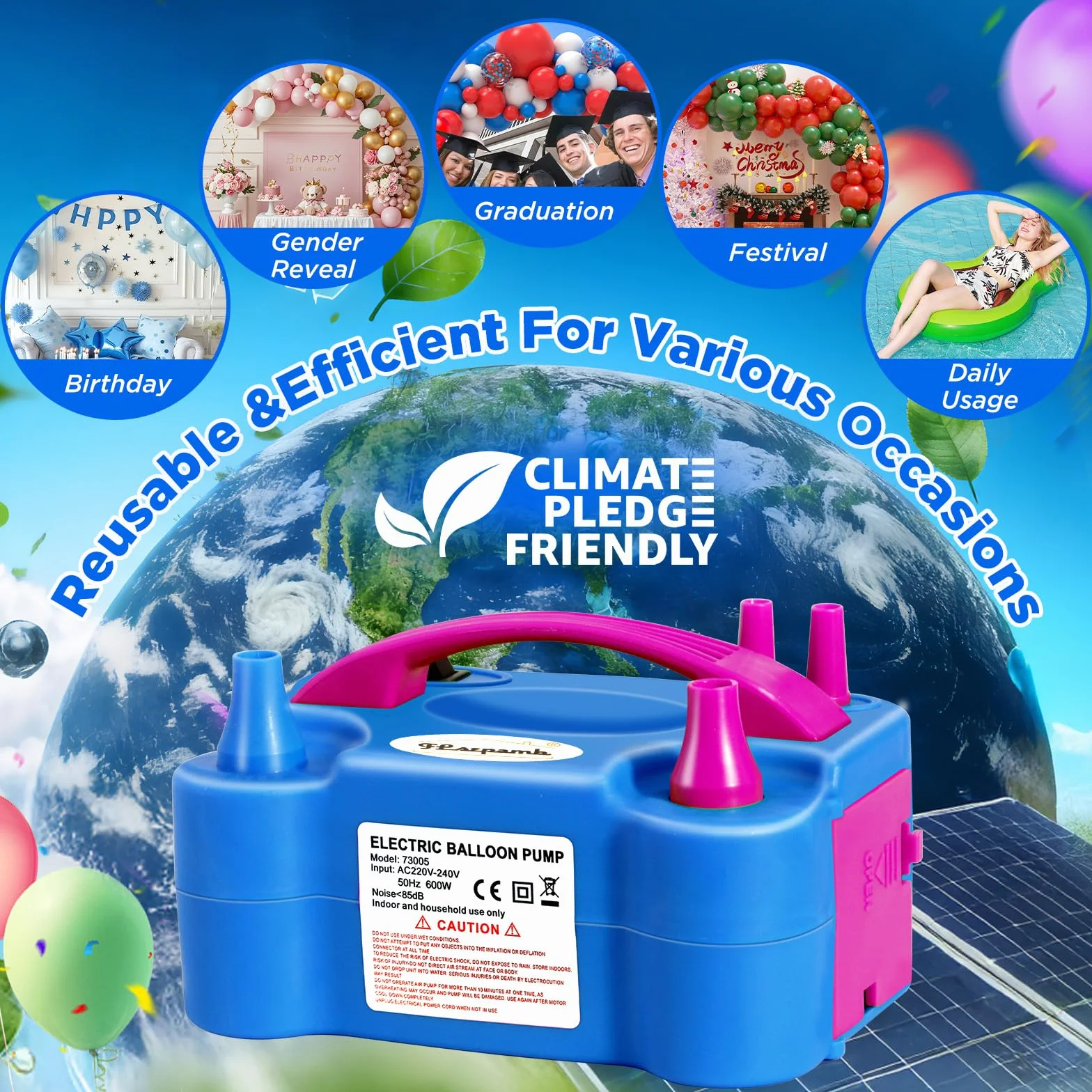 FLSEPAMB Inflador de Globos Electrico 600W ，Hinchador Balones Electrico con 2+2 Boquillas, Maquina Inflar Globos con 2 Modos de Inflado para Decoraciones de Cumpleaños, Fiestas y Bodas