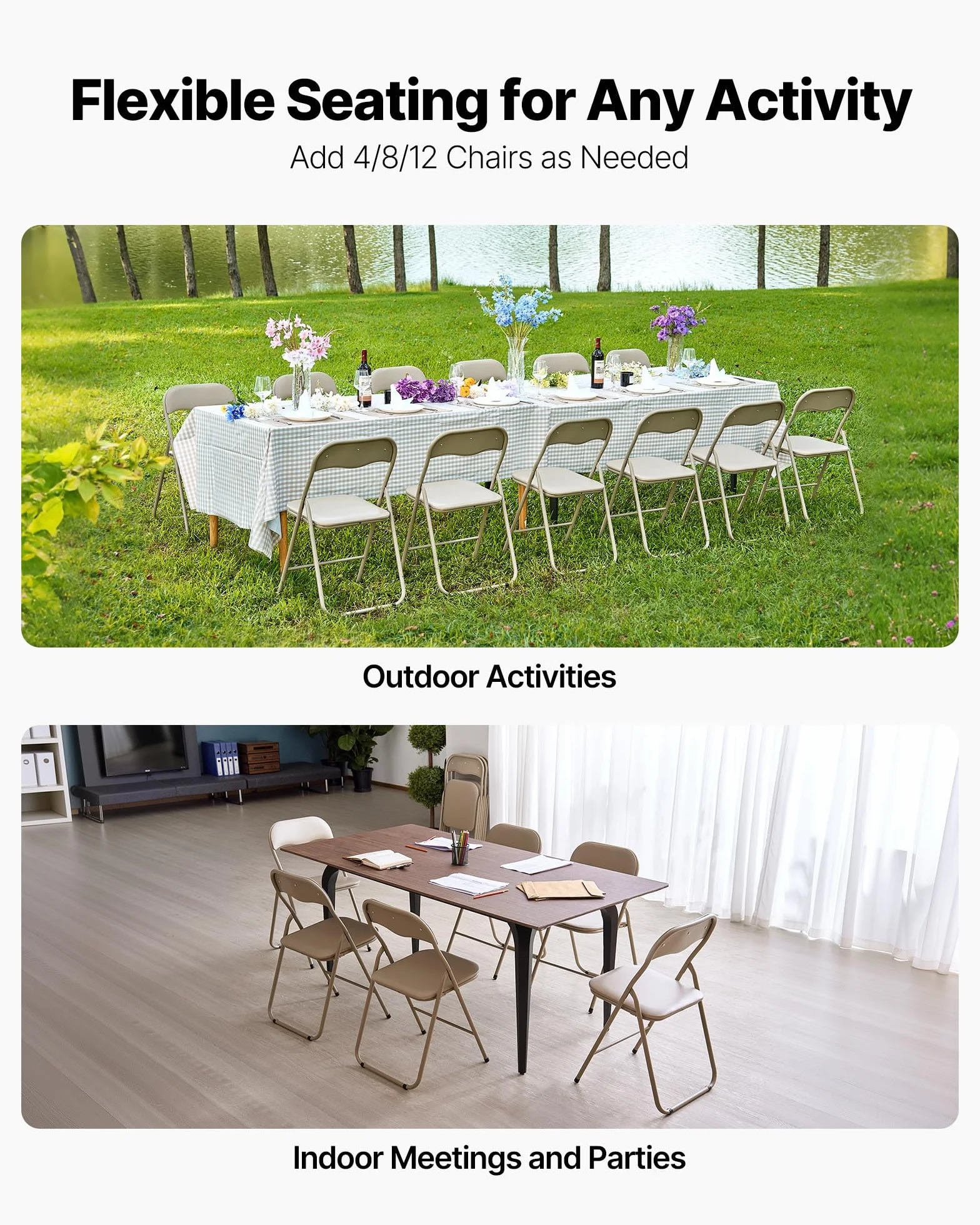 VEVOR 4 PCS Sillas Plegables, Sillas Plegables Apilables Portátiles de Cuero con Estructura de Metal Resistente y Cojín Acolchado, Carga de 158 kg para el Hogar, Jardín, Fiestas y Eventos, Caqui